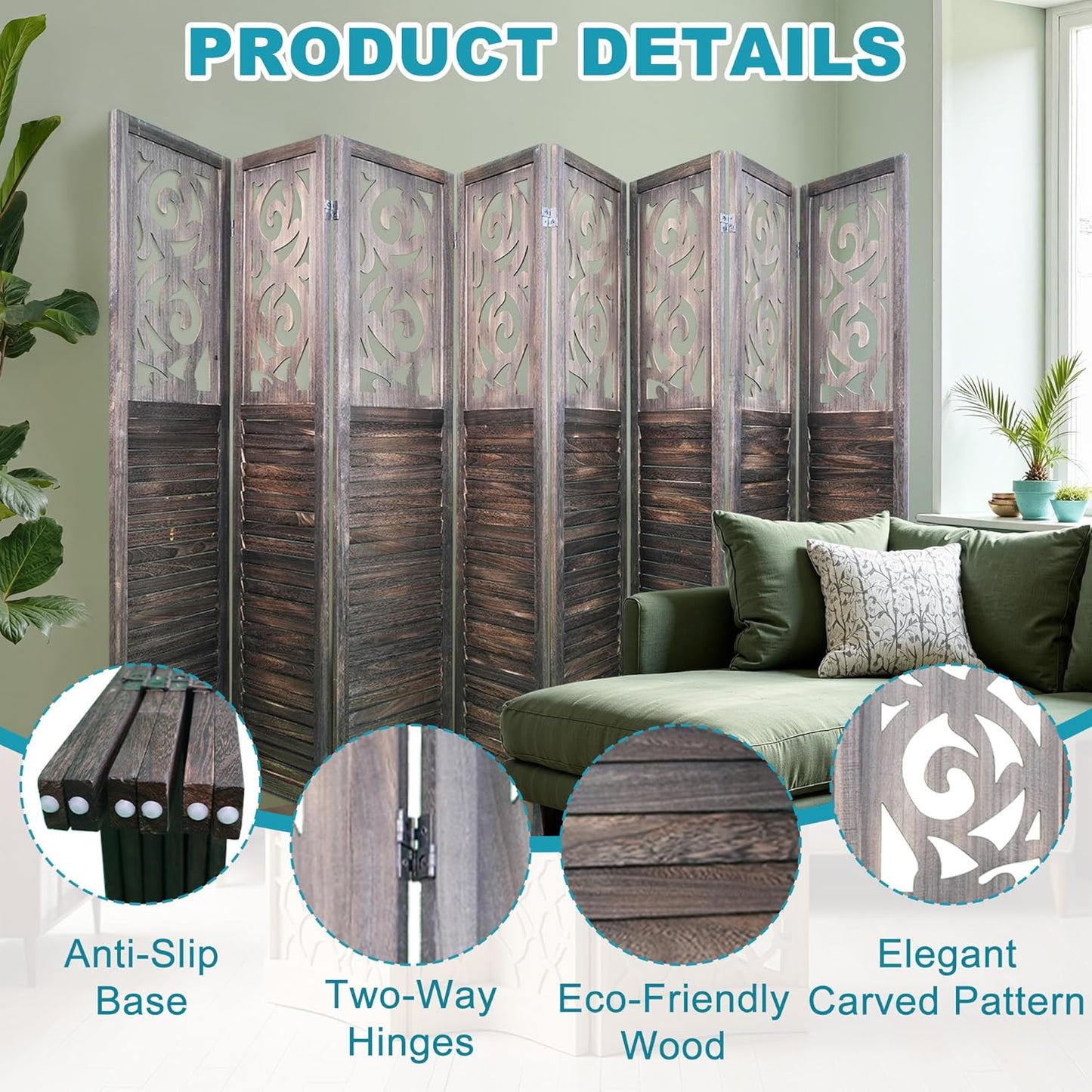 8 Panel Room Divider, 5.6FT Folding Carved Room Divider Screen, Free Assembled Freestanding Partition for Home Office Bedroom, Brown