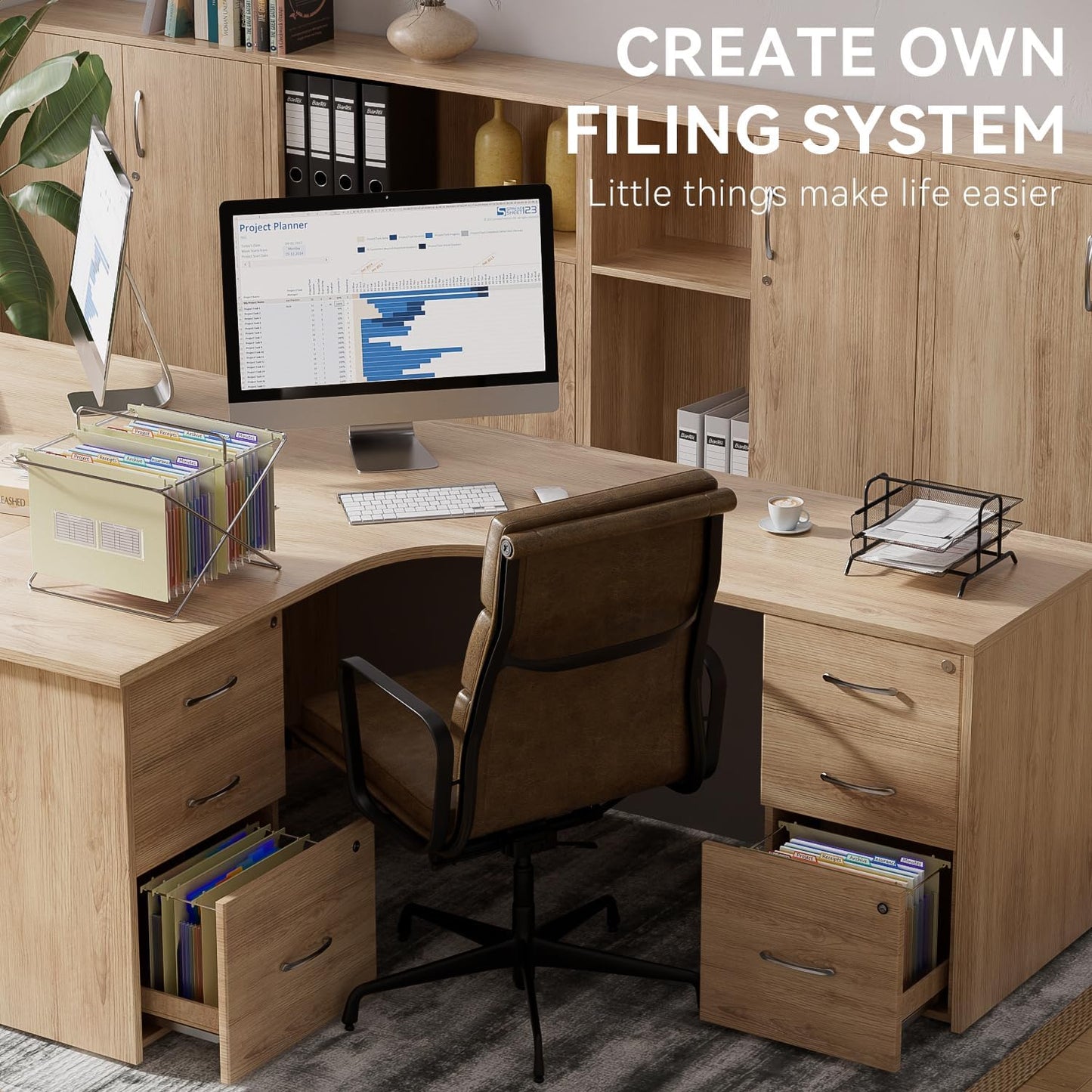 ThinkTex Plastic Expanding Hanging File Folders, 7 Innovative 1.2" Accordion Pockets, Large Capacity, Multi-Color Tabs, Letter Size for Filing Cabinet - Yellow