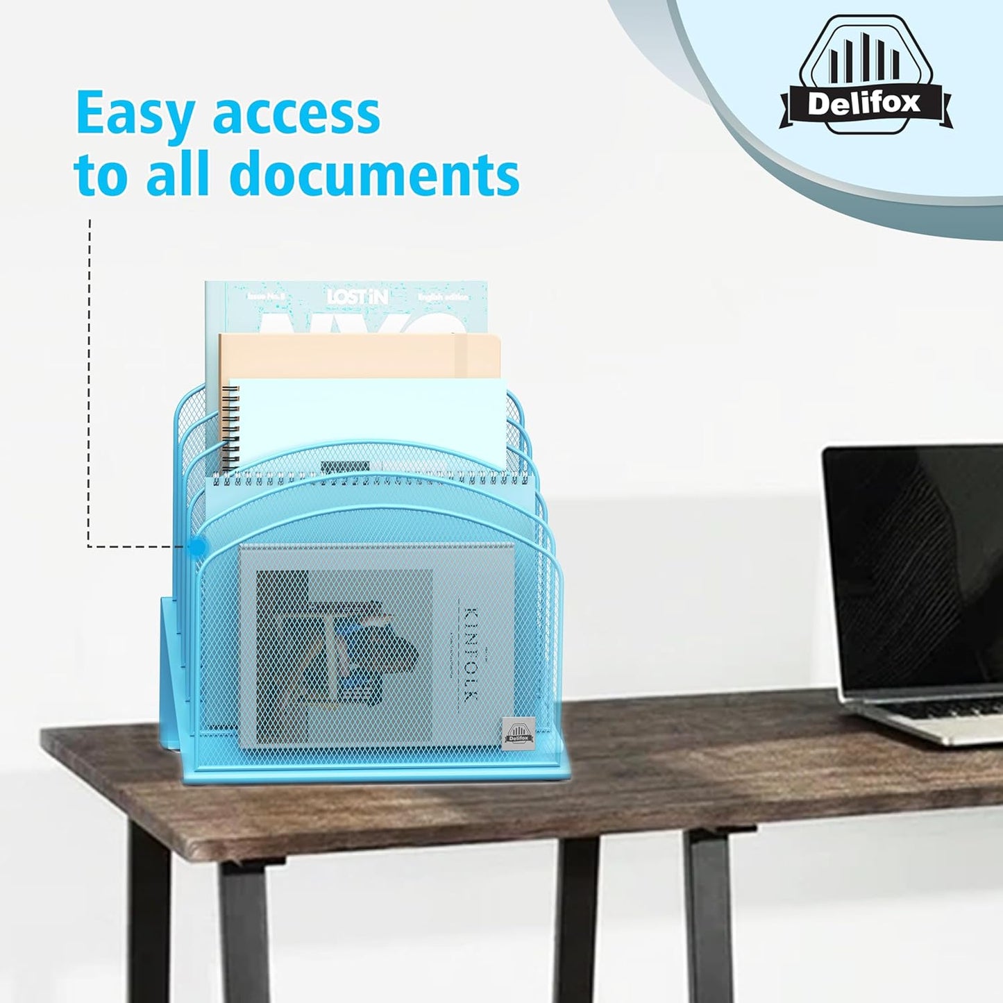 1Pack Inclined Desk File Organizer, 5-Section Vertical File Folder Holder Stand Metal Rack File Sorter for Office Classroom Desktop Organization,Blue