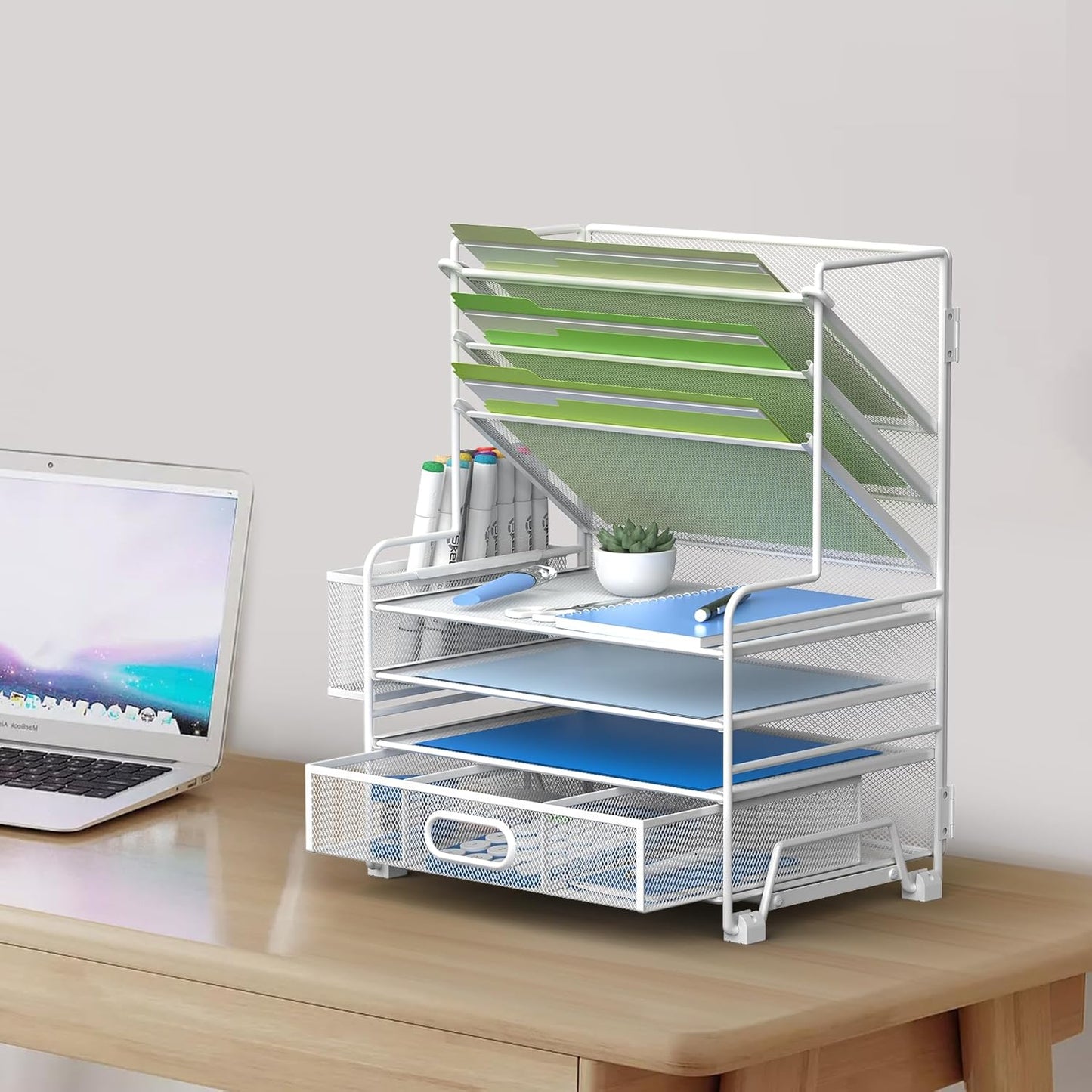 4-Tier Paper Organizer + 3-Pocket File Holder + Drawer + Pen Holders, Desktop File Organizers Paper Tray for Office Supplies School Classroom Organization (White, with Drawer & Pen Holder)