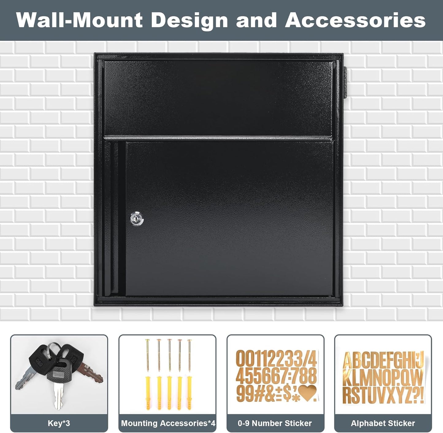 Large Wall Mount Mailbox with Lock and Outgoing Mail Flag for Outside, Steel Locking Security Mail Box with Number Stickers for House Outside, 14.8" x 6.9" x 15.4", Rainproof, Black