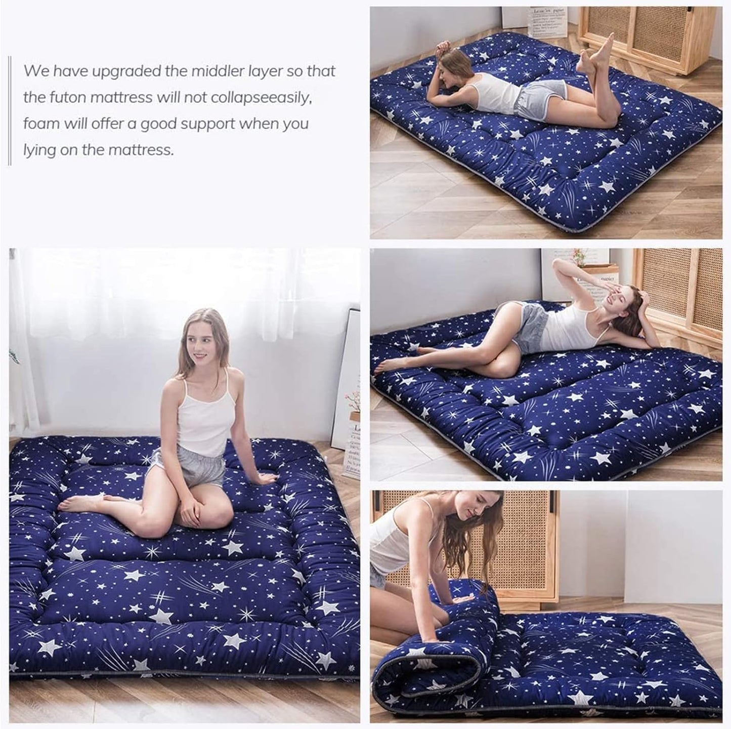MAXYOYO Navy Starry Sky Japanese Floor Futon Mattress, Tatami Floor Mat Portable Camping Mattress Kids Sleeping Pad Foldable Rolling Up Floor Lounger Couch Bed Queen with Mattress Protector Cover