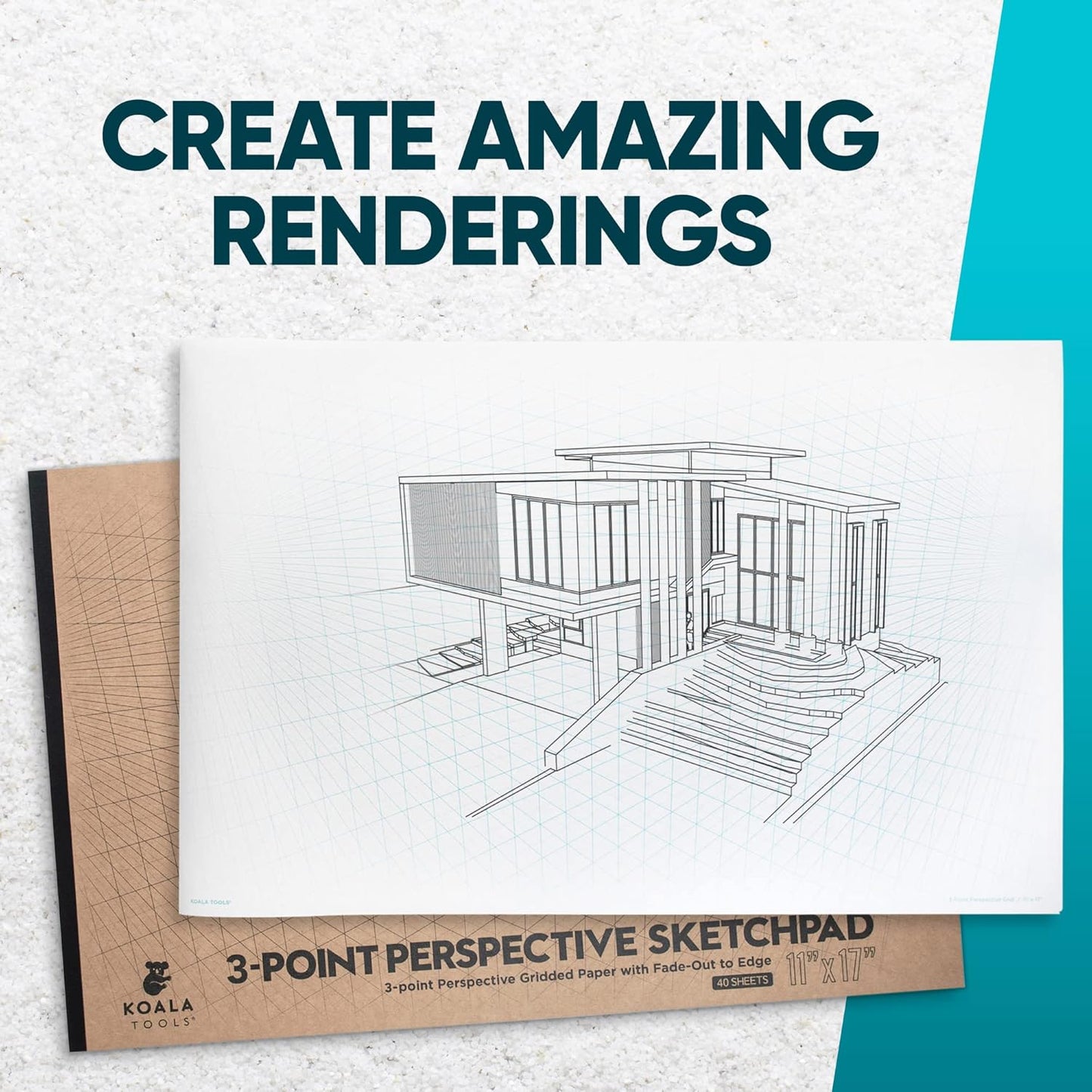 Koala Tools | Drawing Perspective (1 and 2-Point) Large Sketch Pad (3 Point - 11 x 17)