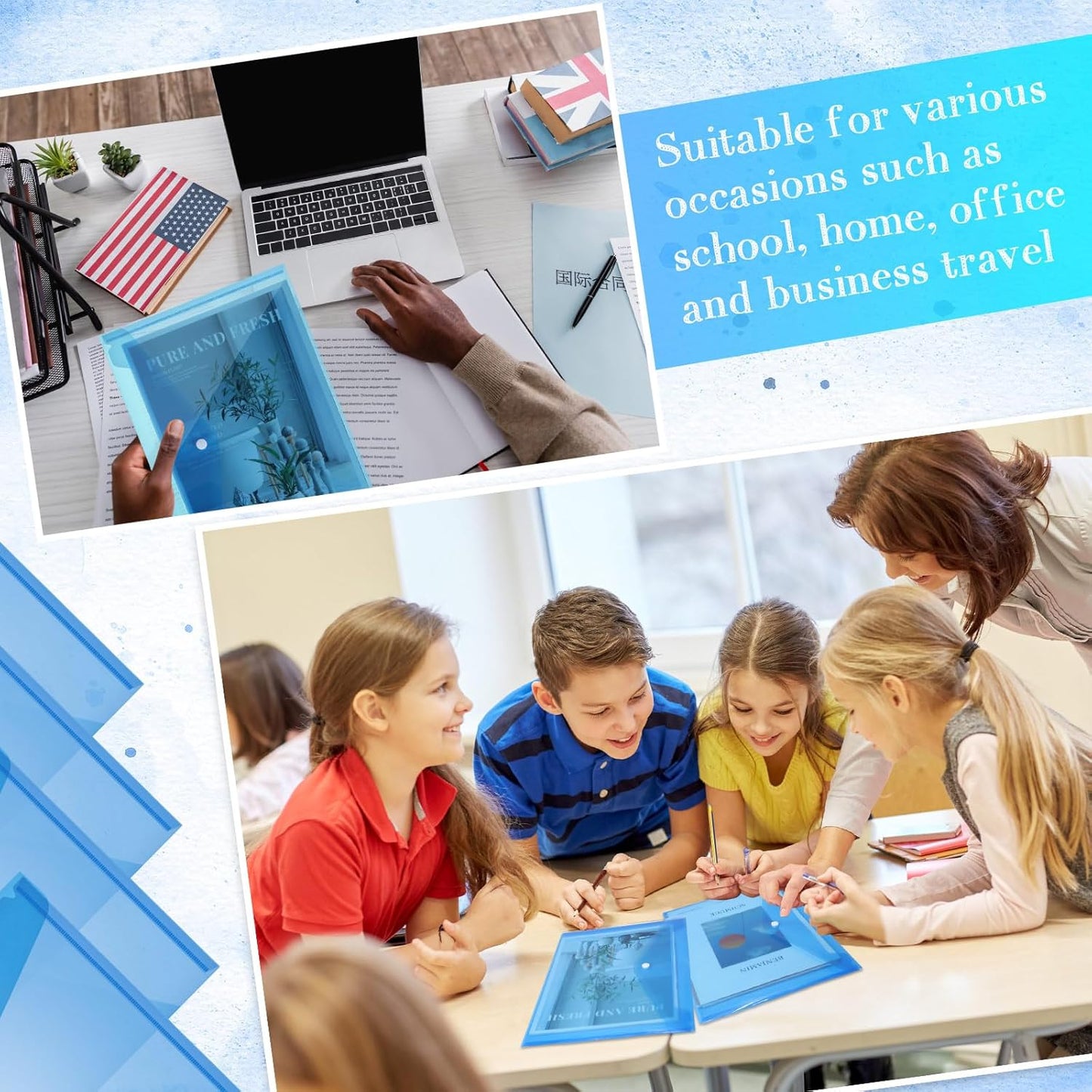 Zhehao 100 Pcs Clear Envelopes with Snap Button Closure A4 Letter Size Plastic Envelope Folder Poly Document File Folders for Home Office(Blue,Simple Style)