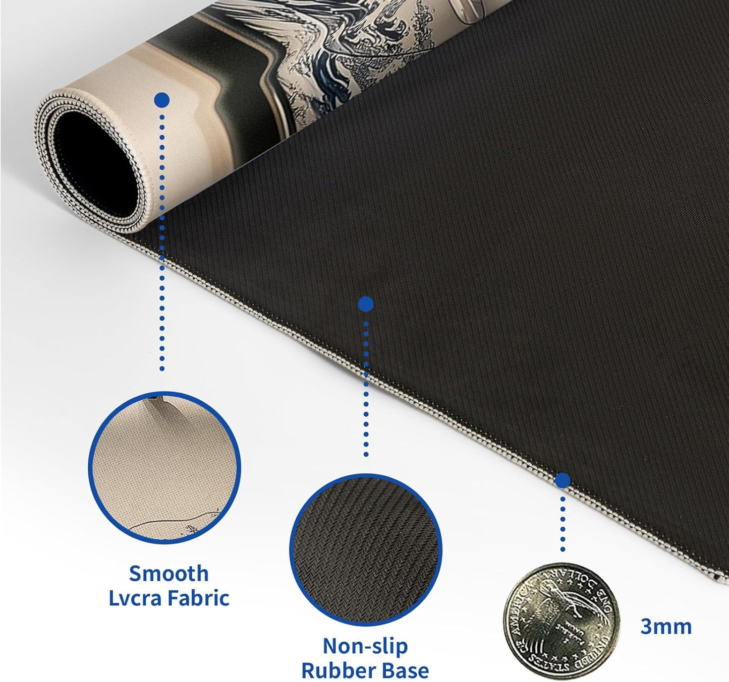 White Ukiyo-e Style Sports Car Mouse Pad Abstract White Mouse Pad 31.5x11.8 Inch Texture Non-Slip Rubber Base Large Mousepad Stitched Edges Keyboard Mouse Mat Desk Pad for Office