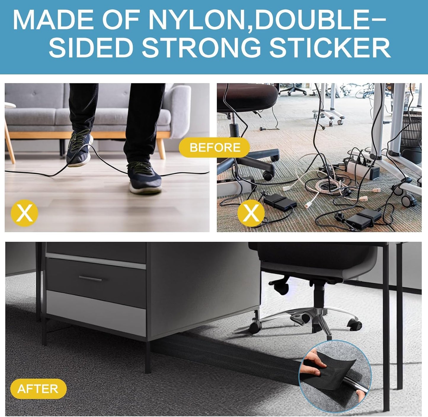 WILLBOND Cable Grip Floor Cable Cover Cords Cable Protector Cable Management Only for Commercial Office Carpet (Black,295.28 ft)