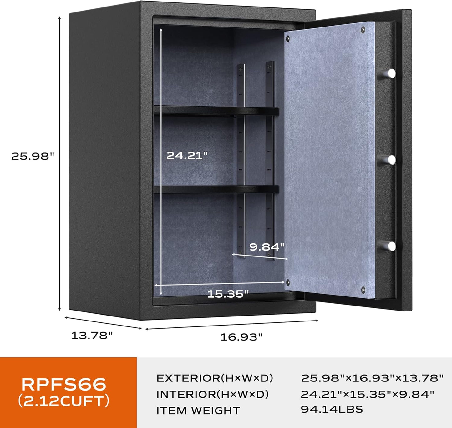 RPNB Biometric Fingerprint Fireproof Safe Box,Digital Fire Proof Safe with 3 Spoke Handle,Touch Screen and Removable Shelf,Fireproof Home Safes for Money Documents Jewelry and More,2.12 Cubic Feet