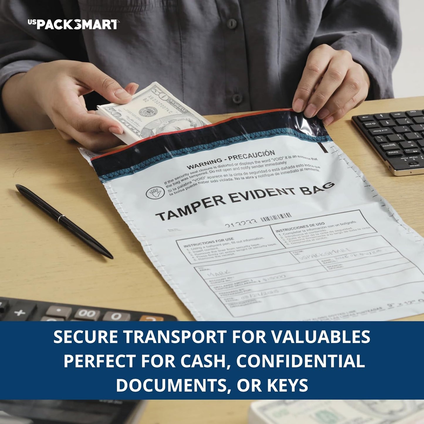 12”x16" Opaque Plastic Deposit Bags with Security Tape Tamper Evident - Secure Bank Deposits, Cash Handling, & Currency Transport | Self-Sealing Tape with Hidden Graphics | 100-Pack