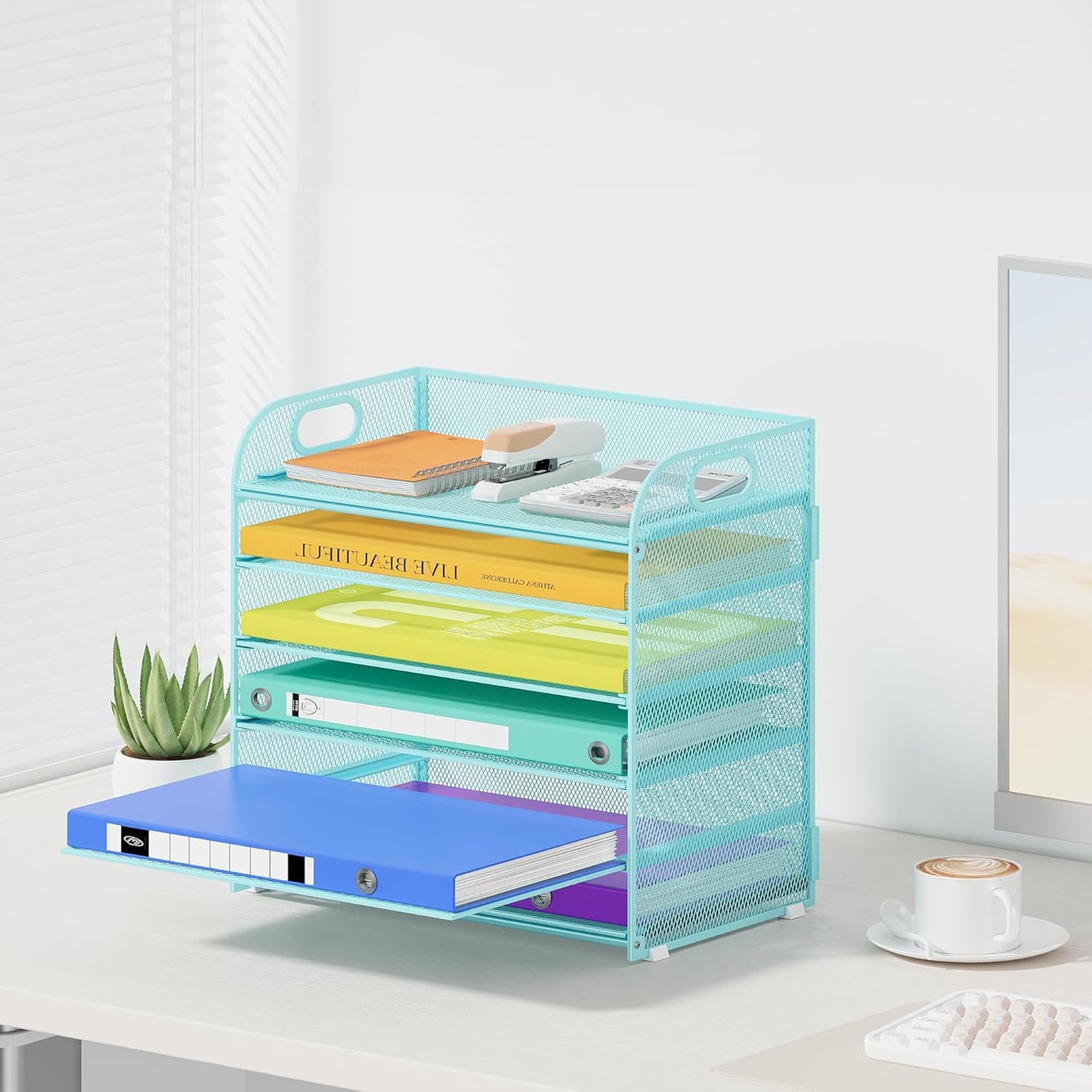 6 Tier Paper Organizer with Handle, Metal Desk Organizer Mesh Paper Letter Tray Desktop File Folder Document Sorter for Classroom, School, Office Accessories Organization and Storage - Blue