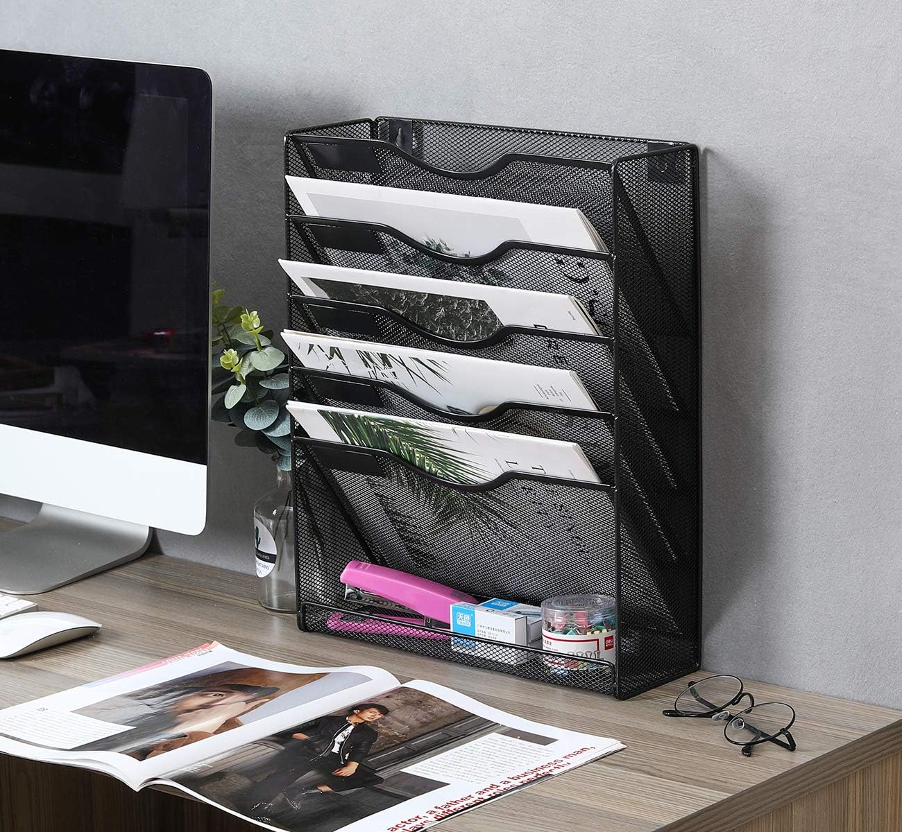 EasyPAG 5-Tier Wall File Holder, Mesh Hanging Folder Organizer with Classify Label, Versatile Desk File Organizer for Office Home, Space-Saving Vertical Wall Mounted Mail Paper Sorter, Black