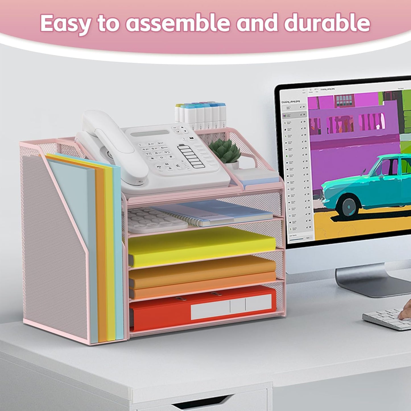 DocNest 5 Tier Paper Letter Tray File Organizer, Mesh Desk File with Handle, Workspace Desk Organizers with Pen Holder, Office Organization Storage Accessories - Pink