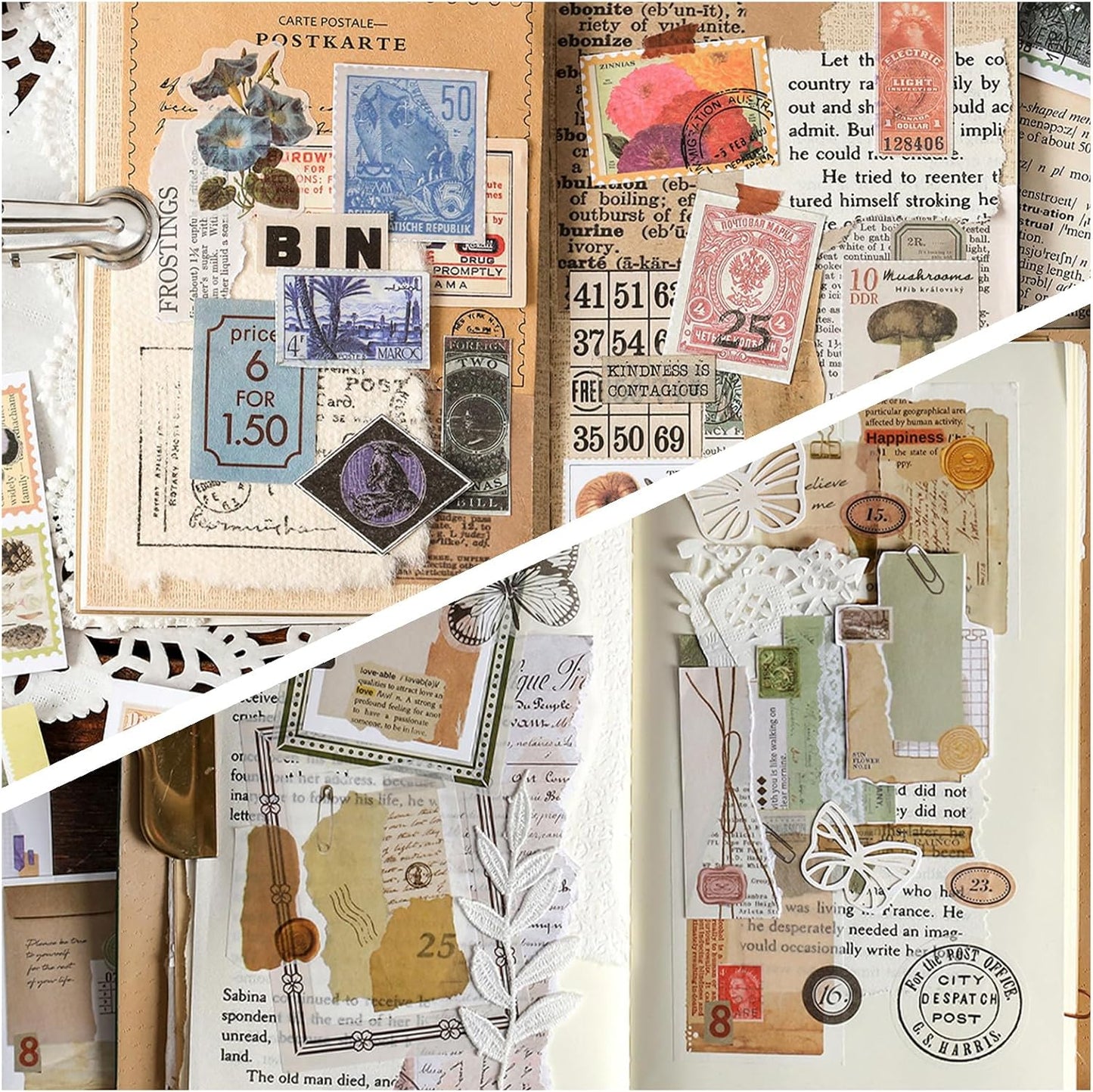 6 Sets 300 Pcs Washi Stickers Book, Vintage Aesthetic Sticker Set for Journaling Scrapbook Decoration Bullet Journal,Stamps Flowers Ticket Theme Stickers for Art Diary Craft Planner