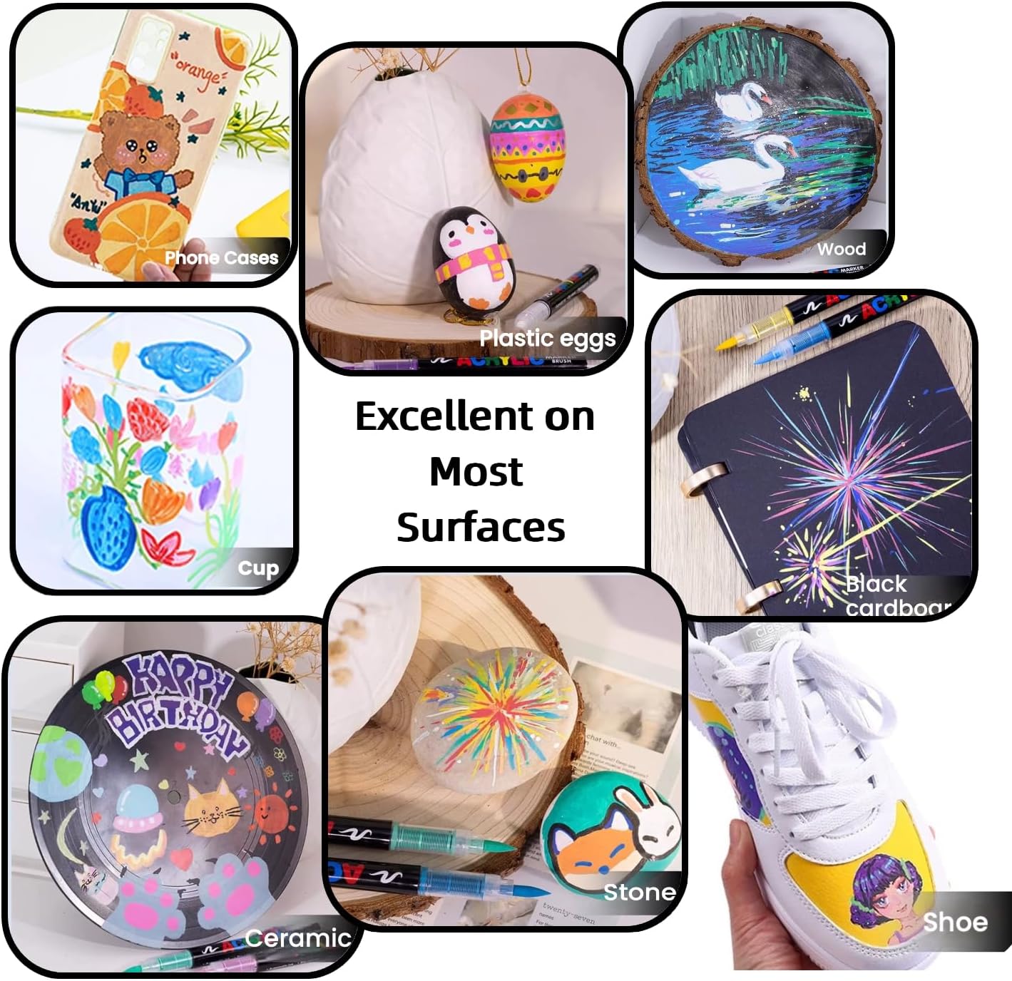 Acrylic Paint Markers, 24 Colors Acrylic Paint Pens with Soft Brush Tip, Auto Ink Control System, Fast-Drying High Coverage for Rock, Canvas, Wood, Ceramic, Plastic & DIY Crafts Art Supplies