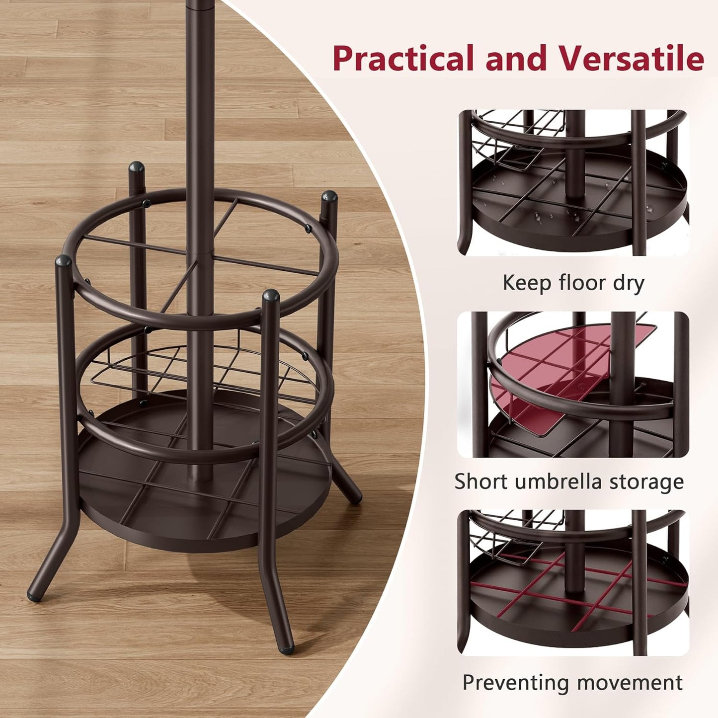 Tajsoon Coat Rack Stand with Umbrella Holder, Coat Tree Freestanding with 16 Hooks, Coat Hangers Stand for Living Room, Bedroom, Office, Brown