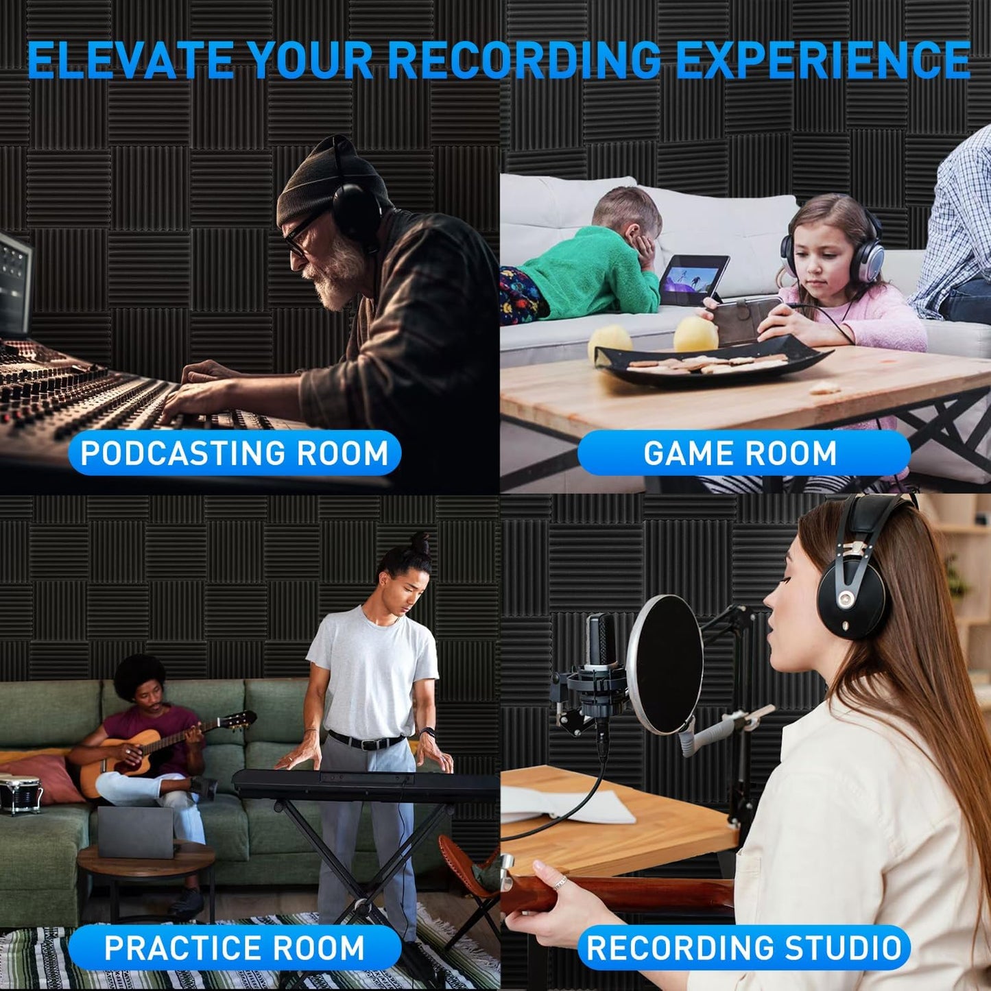 120 Pack Acoustic Foam Panels 1" x 12" x 12" Sound Proof Foam Panels Soundproofing Noise Cancelling Wedge Panels for Home Office Recoding Studio with 600 PCS Double-Side Adhesive