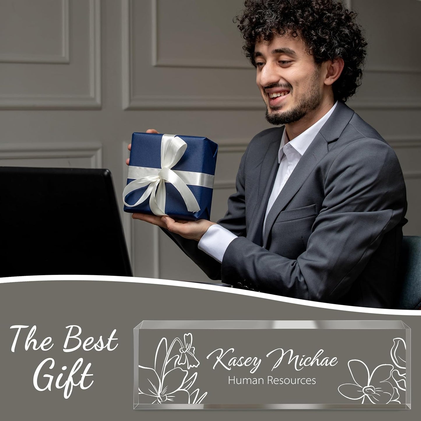 Personalized Name Plate for Desk - Custom Engraved Name Plates for Man - Boss Day Gifts for Boss - Acrylic Office Decor Appreciation Gifts for Teacher Nurse Coworker Social Worker (White Bloom)