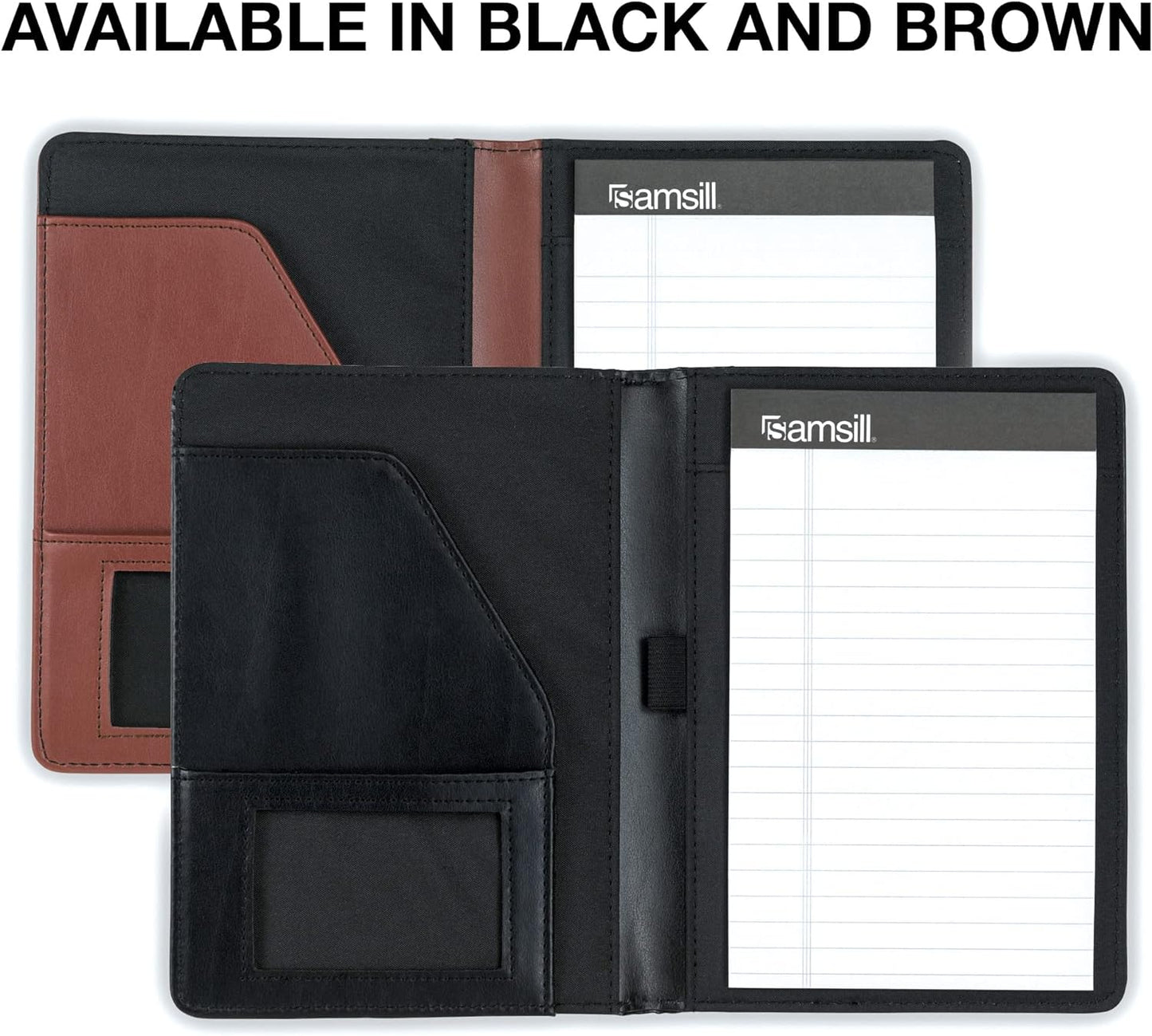 Samsill Contrast Stitch Faux-Leather Portfolio, Mini Size Business Interview Professional Padfolio, Includes 5 x 8 Inch Writing Pad, Brown
