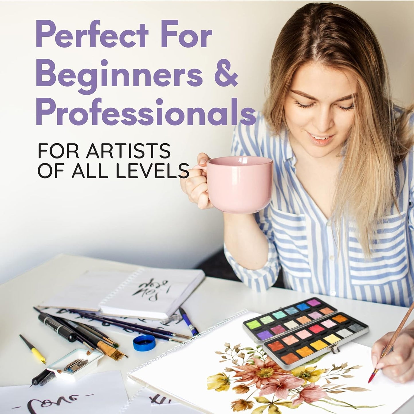 MozArt Supplies Komorebi Professional Metallic Watercolor Set - Portable Metal Box with Safety Lock and Fully Detachable Pans for Easy Customization - 24 Shimmering Colors for Arts and Crafts