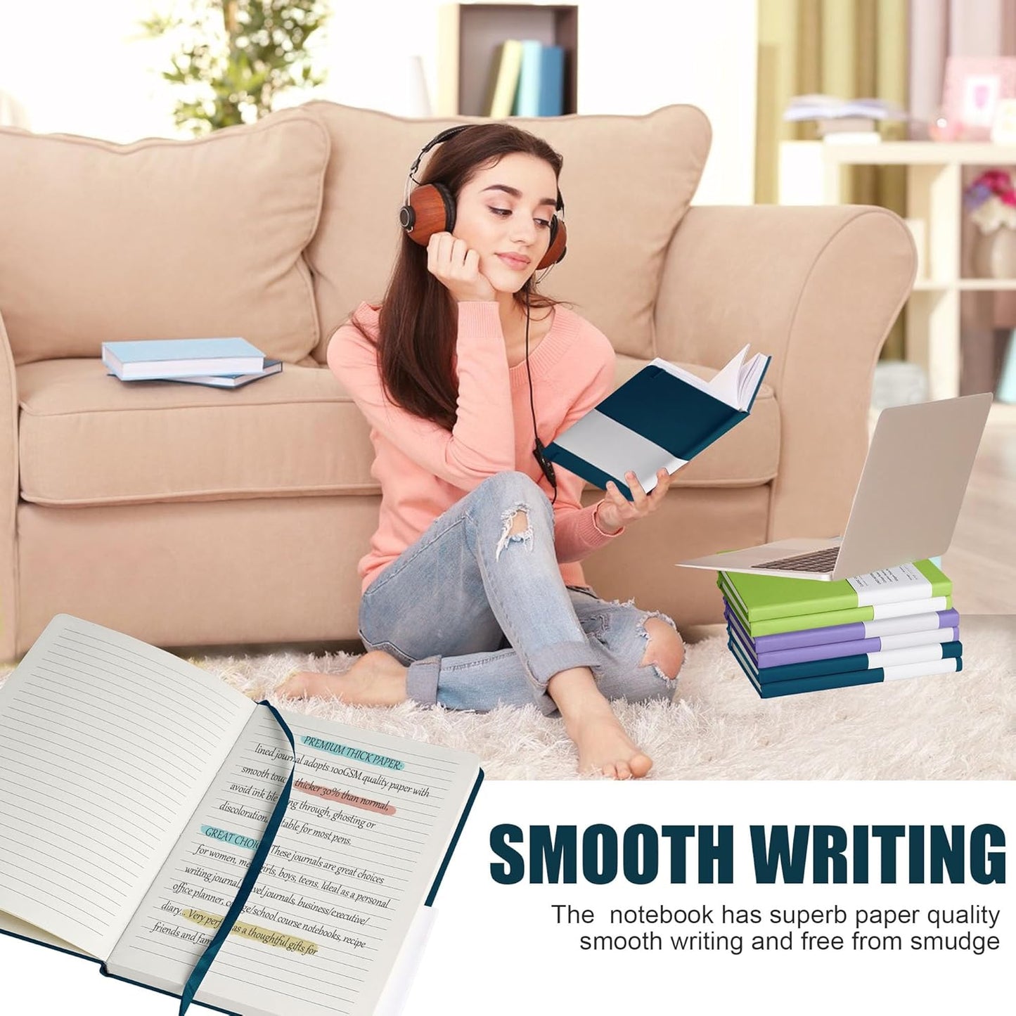 Lined Journal Notebook, 6Pack(Turquoise), 160 Pages, Medium 5.7 inches x 8 inches - 100 gsm Thick Paper, Hardcover