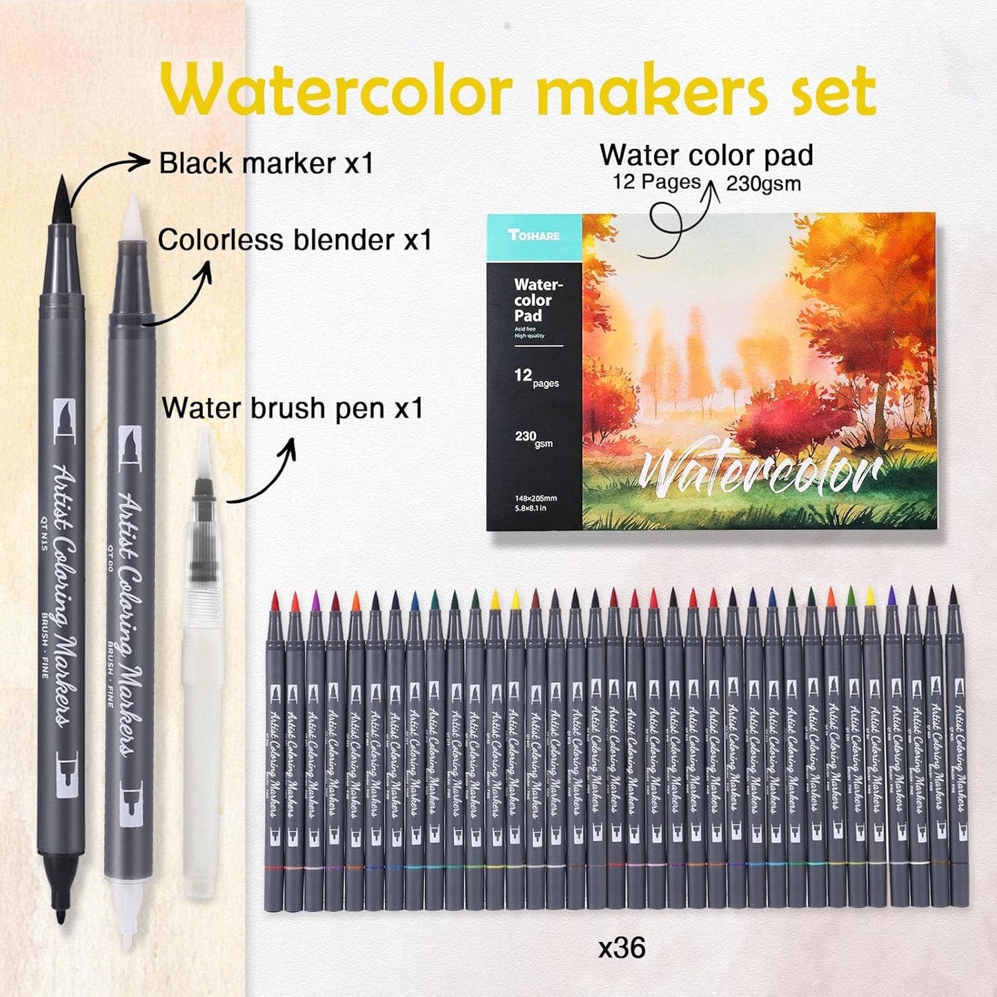 Watercolor Pens Set, 36-Color Dual Tip Paint Markers, Water-Based Coloring Markers with 1 Aquapen, 1 Colorless Blender, 1 Black Marker, and 12-Page Pad, Art Supplies for Artists and Beginners