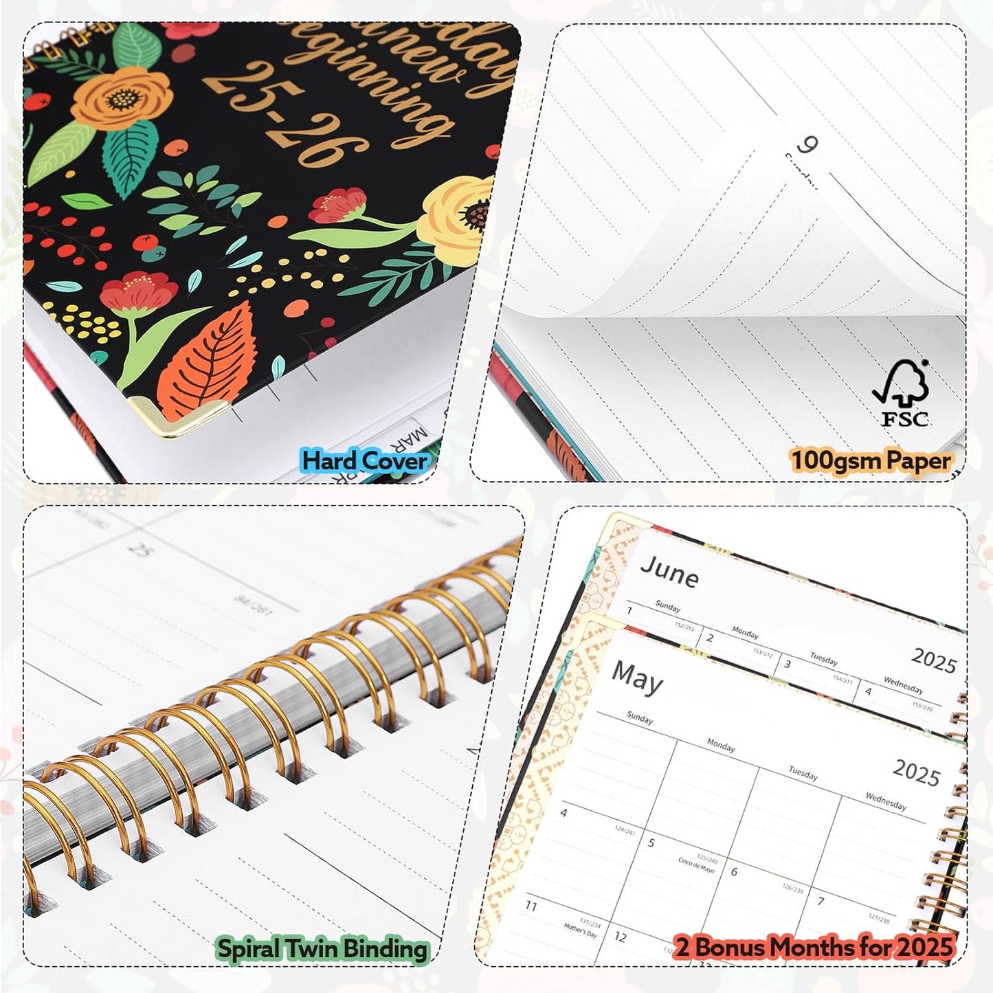 2025-2026 Academic Planner, A5 (6.5" x 8.5") Weekly and Monthly Planner, July 2025 -June 2026, Calendar Planner with Tabs, Inner Pocket for Home School Office Supplies, Black Flower