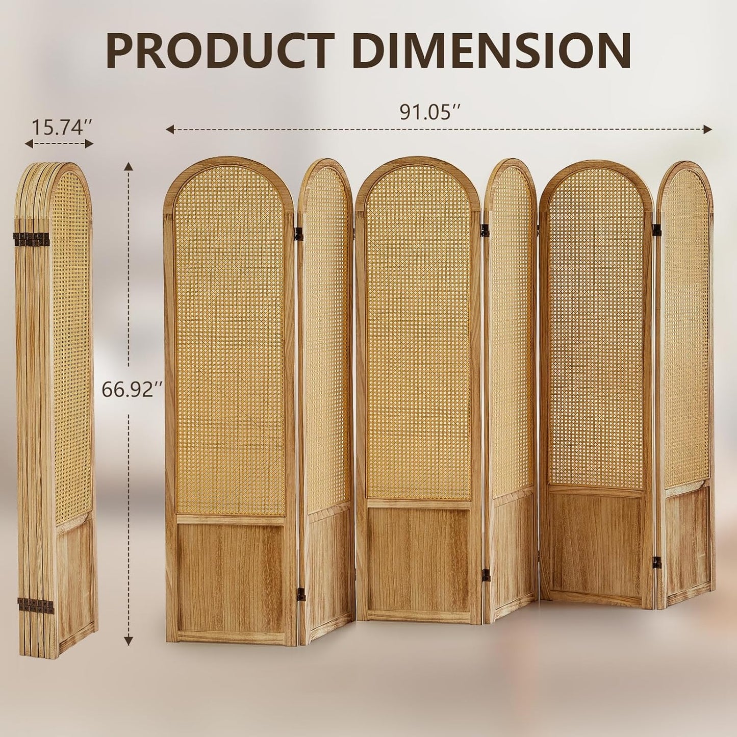 6 Panel Rattan Room Divier, Room Divider Panel and Folding Privacy Screens, Room Divider Wall, Solid Wood Frame, Partition Room Dividers, Bedroom, Lounge, Light Brown