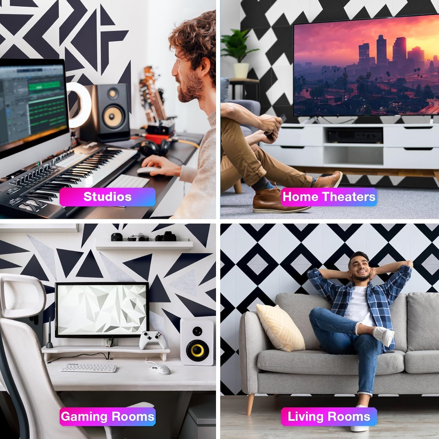 18 Pack Self-Adhesive Acoustic Panels, 12"x 12"x 0.4" Sound Absorbing Panels, High Density Square Sound Proof Noise Dampening Panels for Walls Home Studio Office, Trapezium Cutting Style, Black