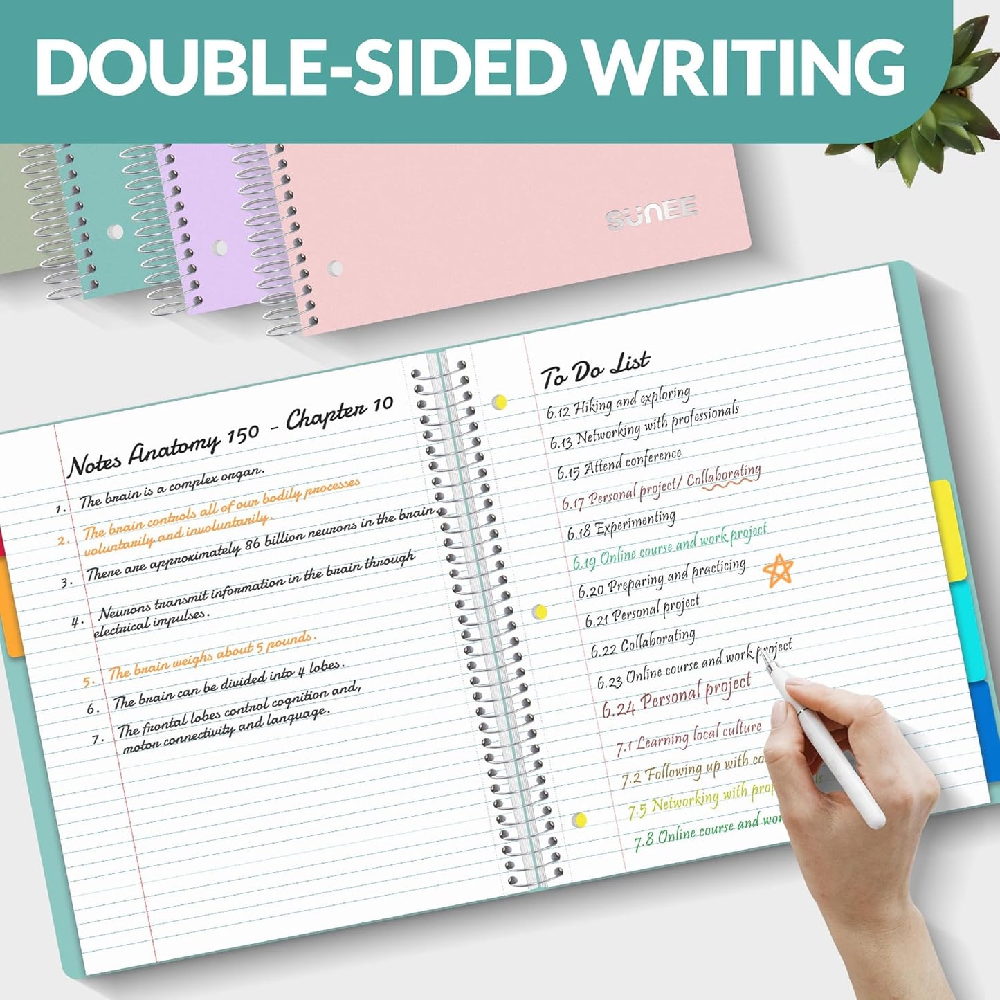 SUNEE 5 Subject Notebook College Ruled - 400 Pages, 9"x11", 5 Pocket Colored Dividers, 3-Hole Punched Paper, Teal