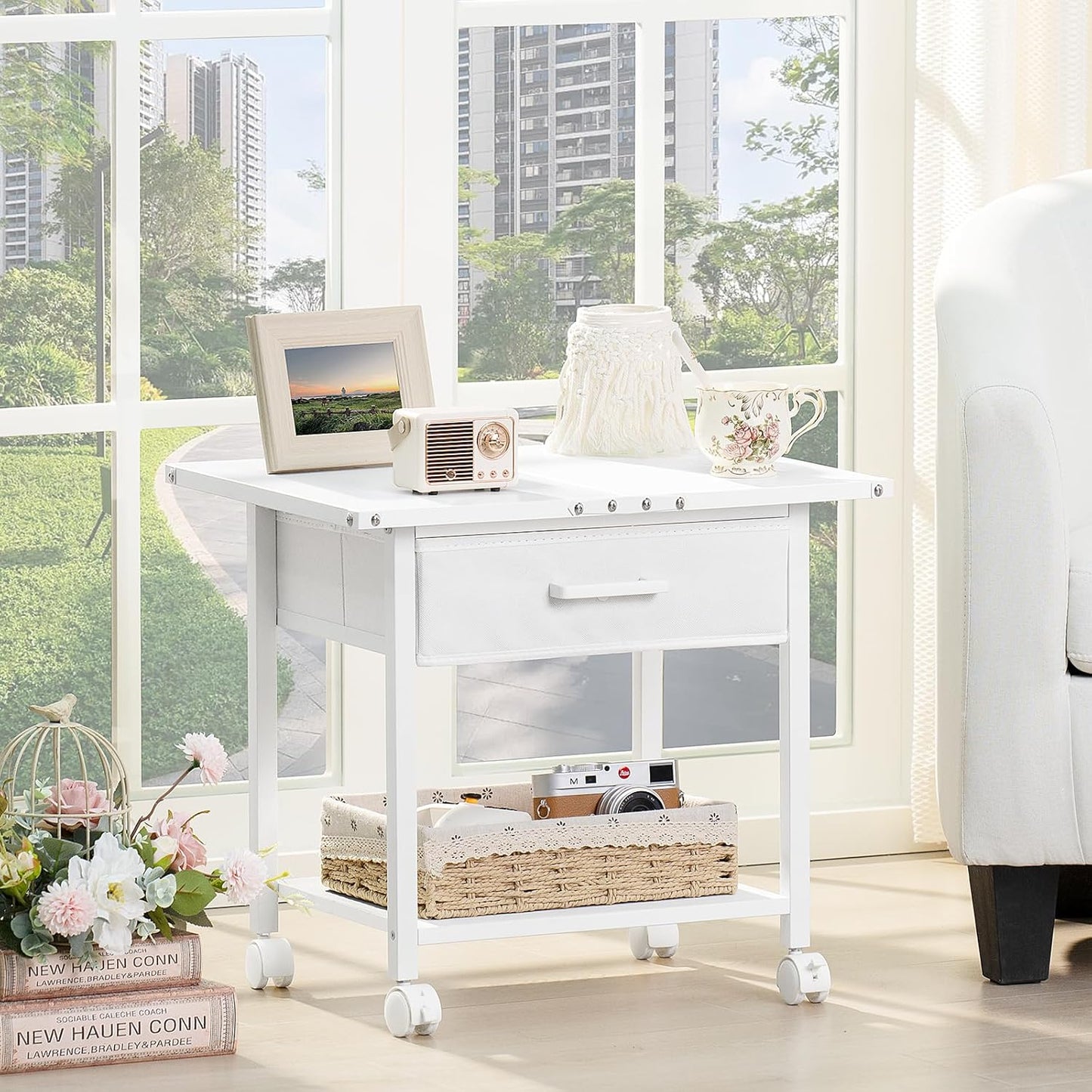 Lerliuo Under Desk Rolling Printer Stand with Drawer, 2-Tier Industrial Mobile Printer Table Desk with Storage Shelf and Steel Frame, Printer Cart Holder with Lockable Wheels for Home, Office (White)