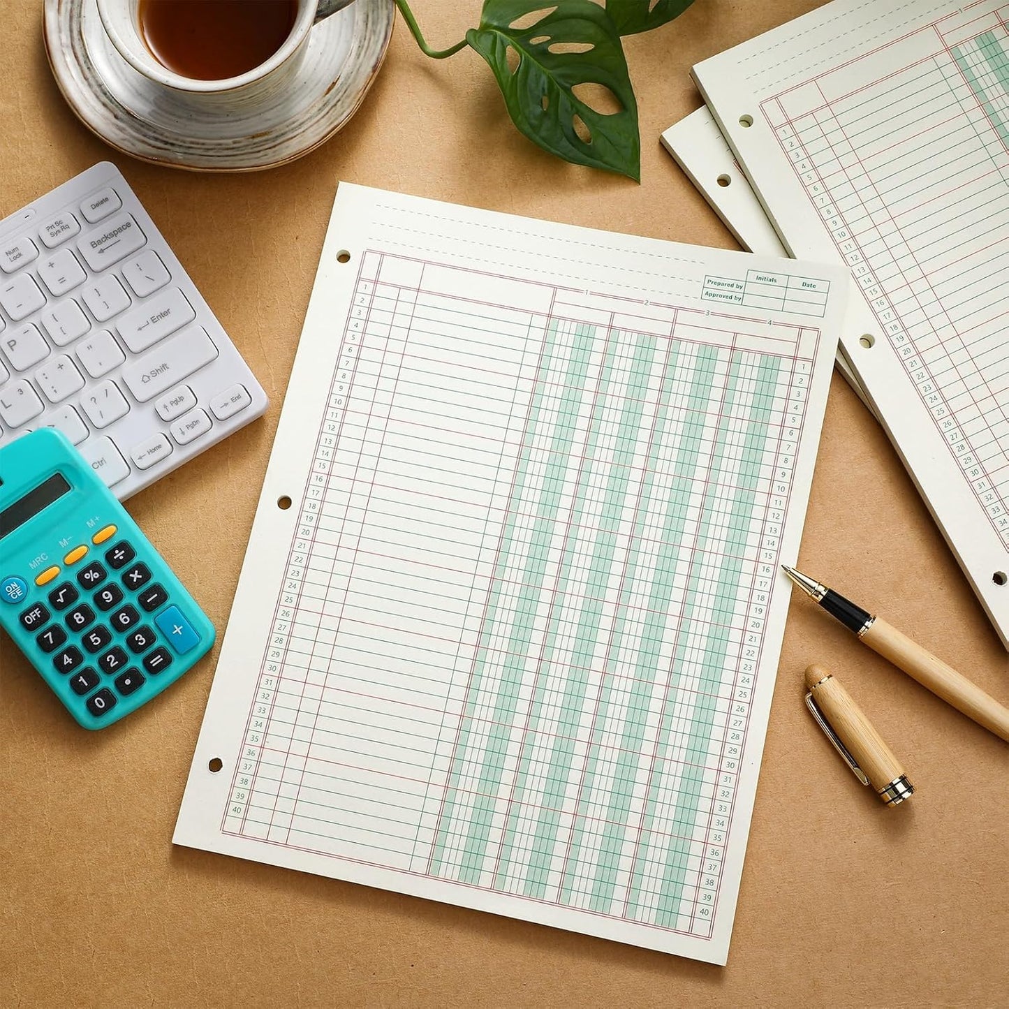 Fulmoon 2 Pack 100 Sheets Columnar Pad Accounting Ledger Paper Accounting Ledger Book Green Analysis Pad for Business, 50 Sheets/Pack, Single Page Format(4 Columnar,8.5 x 11 Inch)