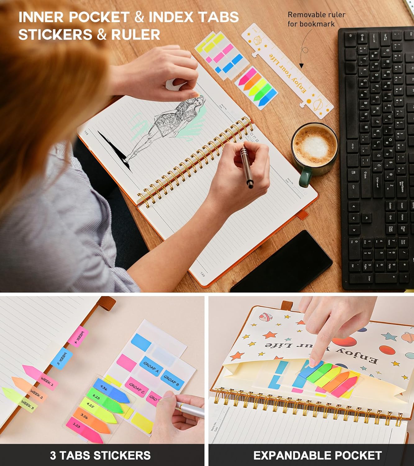 Spiral Notebook Journal for Women Men, 300 Numbered Lined Pages, College Ruled, A5 Hardcover Spiral Bound Notebook for School, Work, Note Taking Writing, Leather Spiral Journal Medium 5.9"x8.5"