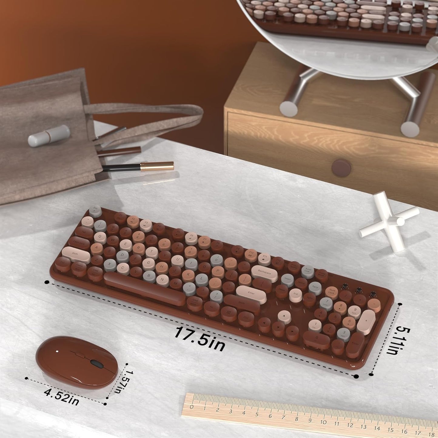 Colorful Wireless Computer Keyboard and Mouse Combo with Round Typewriter Keycaps, Retro Design, Power Switch, Ergonomic Design, 2.4GHz Wireless for Windows, Mac, PC(Coffee-Colorful)