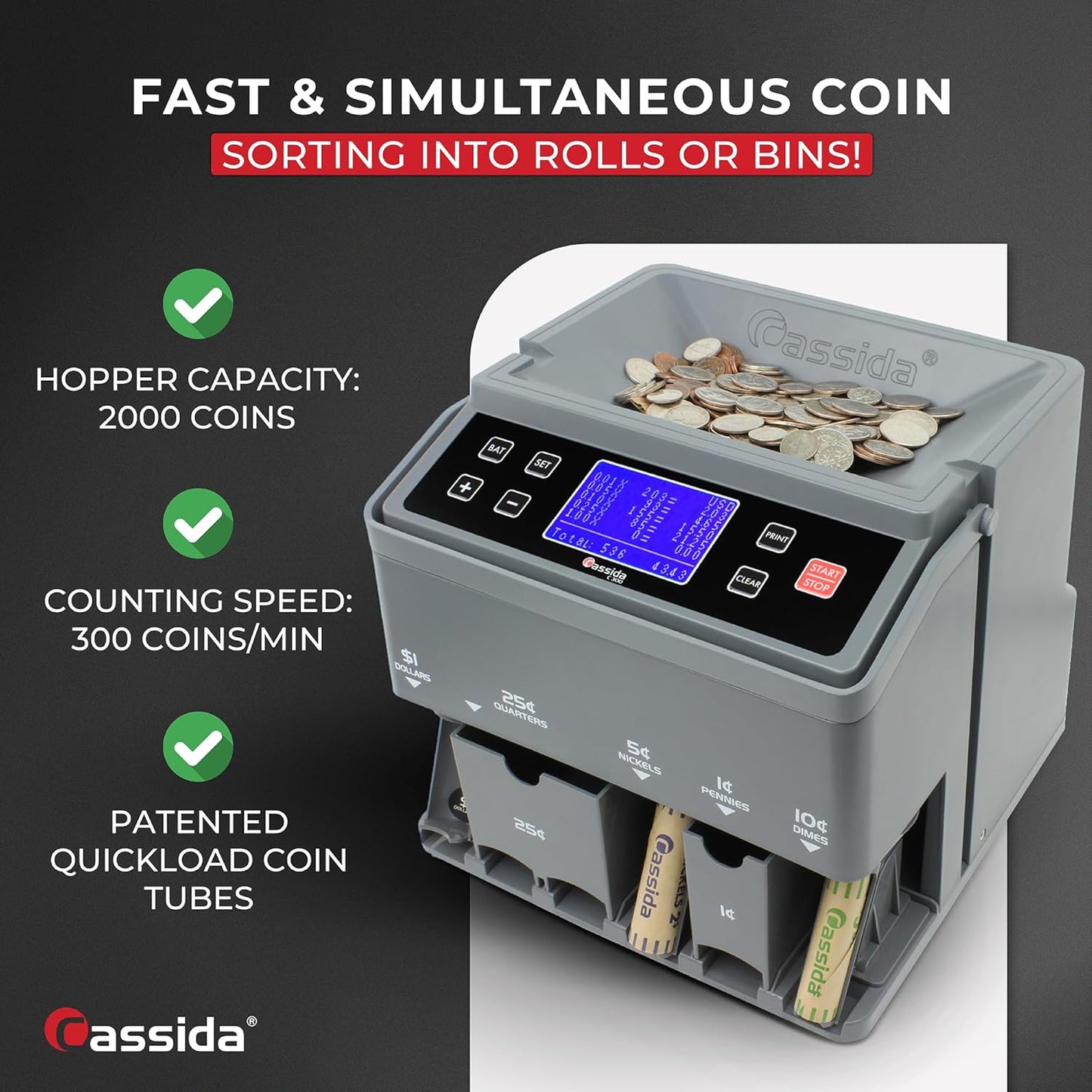 Cassida C300 Professional USD Coin Counter, Sorter and Wrapper/Roller, 300 coins/min, with Quickload and Printing-Compatible,Gray