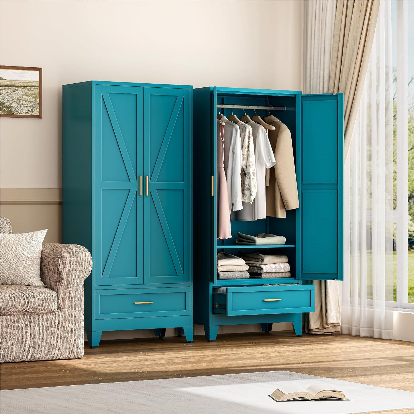 Farmhouse Wardrobe Cabinet with 2 Drawers,Metal Wardrobe Closet with Hanging Rod,Metal Armoire with Adjustable Shelves for Bedroom,Living Room, Cloak Room,Office (Blue)
