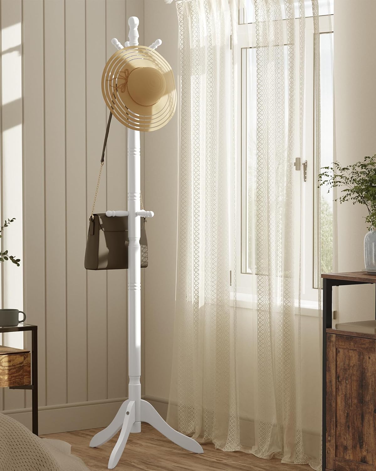 VASAGLE Solid Wood Coat Rack and Stand, Free Standing Hall Coat Tree with 10 Hooks for Hats, Bags, Purses, for Entryway, Hallway, Rubberwood, Cloud White URCR03WT