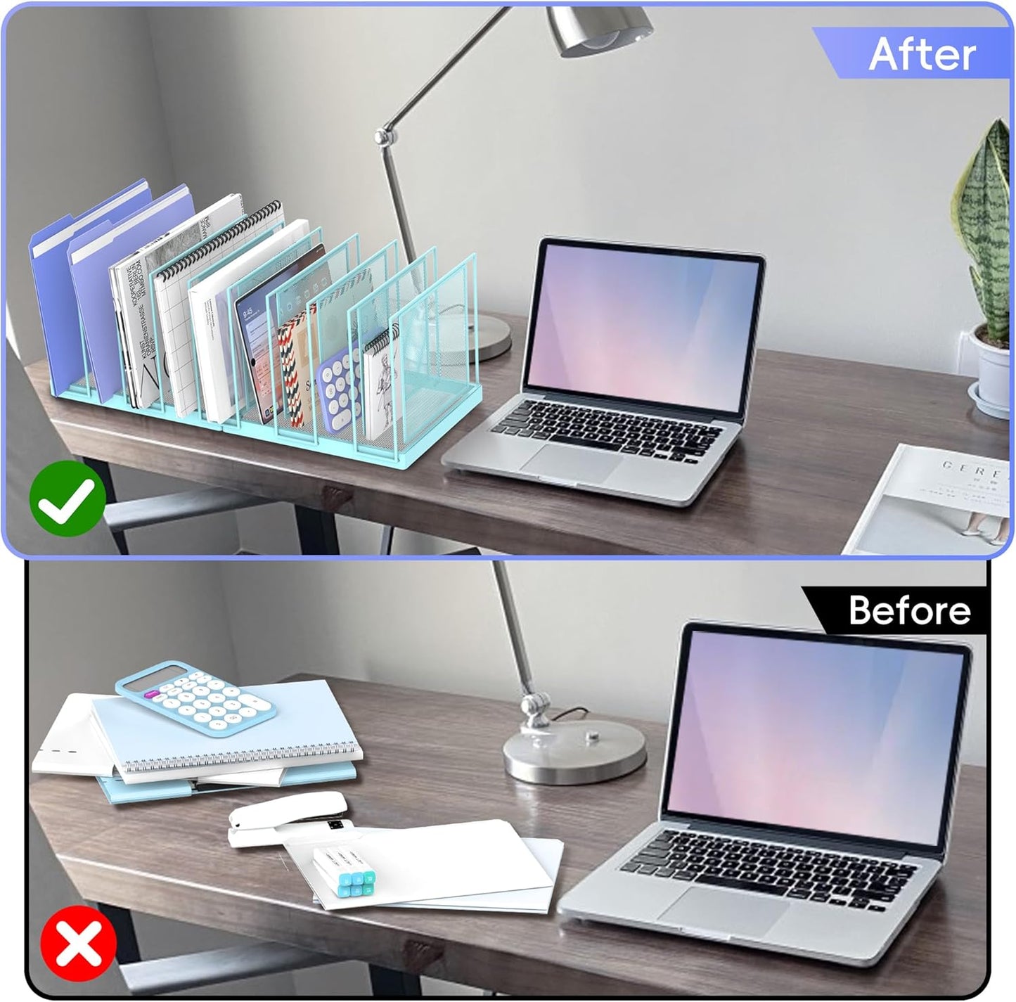 9-Section Desk File Organizer, Vertical File Holder, Mesh Desktop File Folder Metal File Organizer Stand for Office Home Classroom, Blue