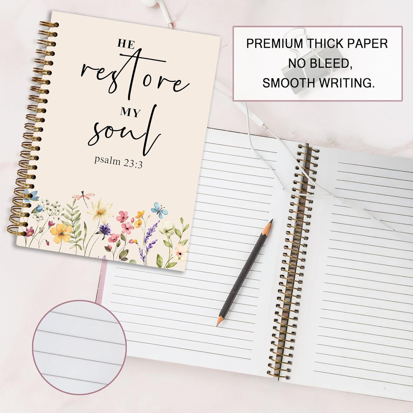 Bible Notebook, A5 Spiral Christian Journal with Floral Pink Butterfly Notebook, Bible Verse-He Restores My Soul, Inspirational Notebooks for Women, Bible Study, Gift for Birthday Christmas