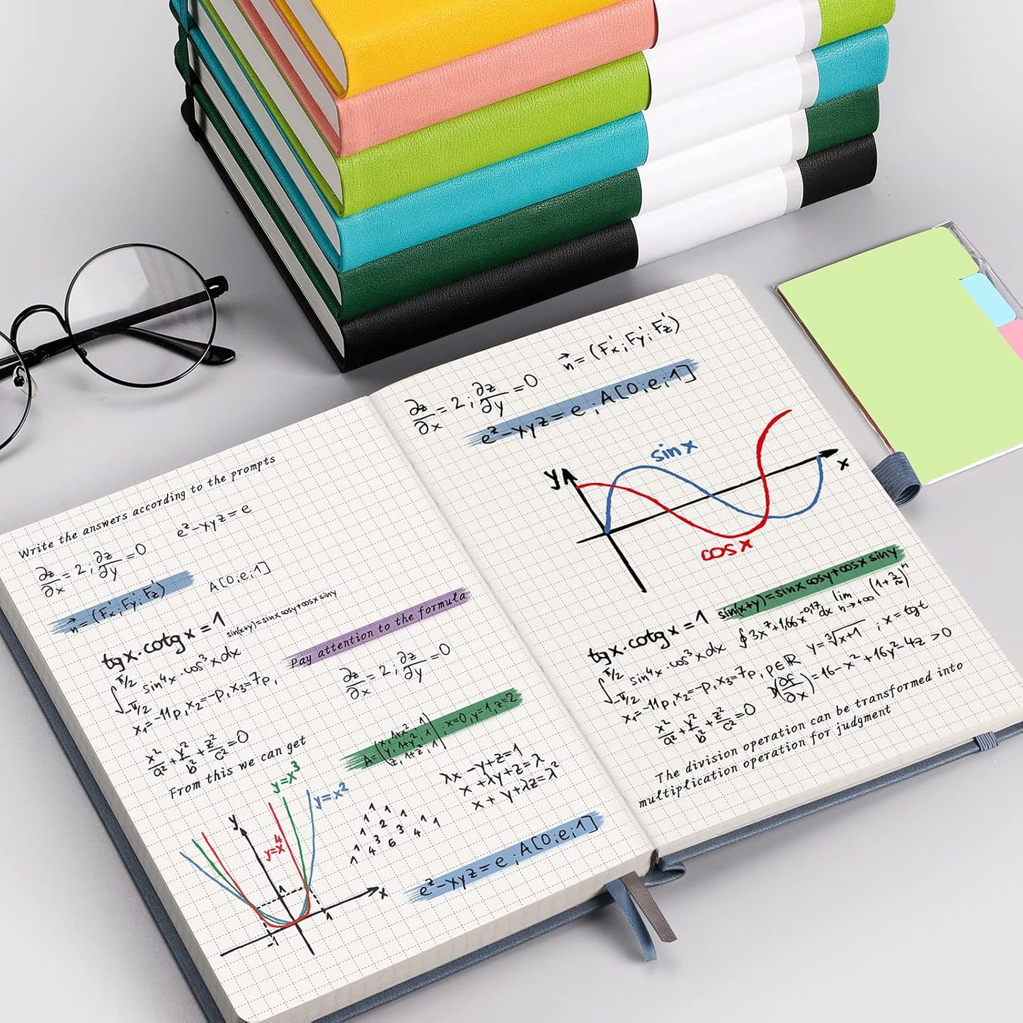 AHGXG Graph Paper Notebook - 320 Pages Grid Notebook Thick Journal A5, 100gsm Thick Graph Paper, Leather Hardcover, Inner Pocket,5.75'' × 8.38''- GrayBlue