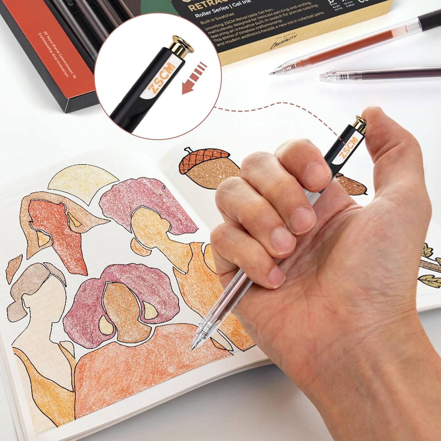 Retractable Glitter Gel Pens, 12 Colors Large Capacity Skin Tone Glitter Metallic Gel Ink Pens, 1 mm Fine Point Smooth Writing Color Pens for Adult Coloring Book Note Taking Aesthetic Art Supplies