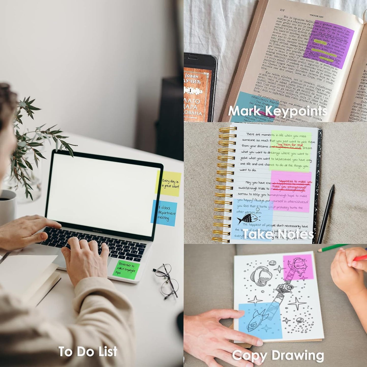 Transparent Sticky Notes 500 Pcs, MIUTME Clear Sticky Notes Waterproof Translucent Color Memo Pad 3 x 3 inch, See Through Notes for Office College School Supplies Pads (7 Colors)