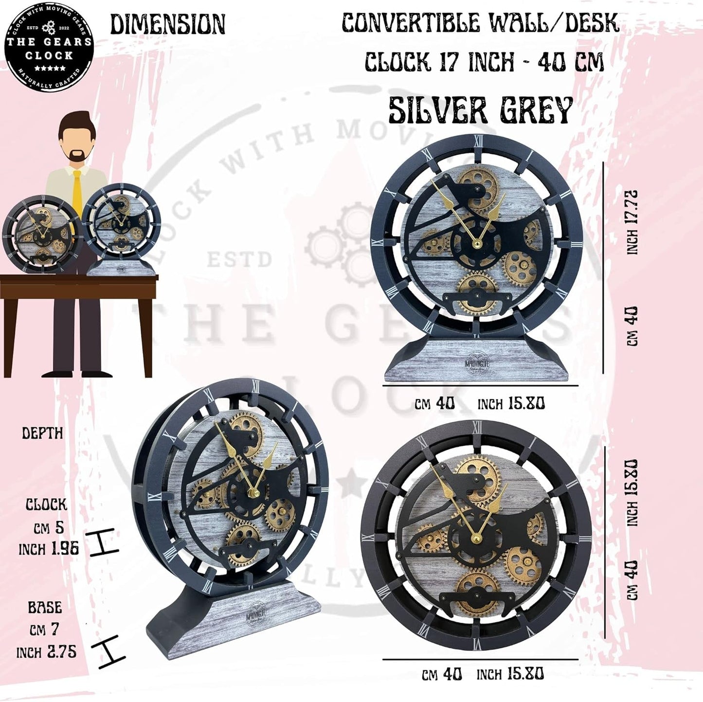 The Gears Clock 16 inches Wall Clock with Real Moving Gears Convertible into a Big Mantel Clock (Silver Grey)
