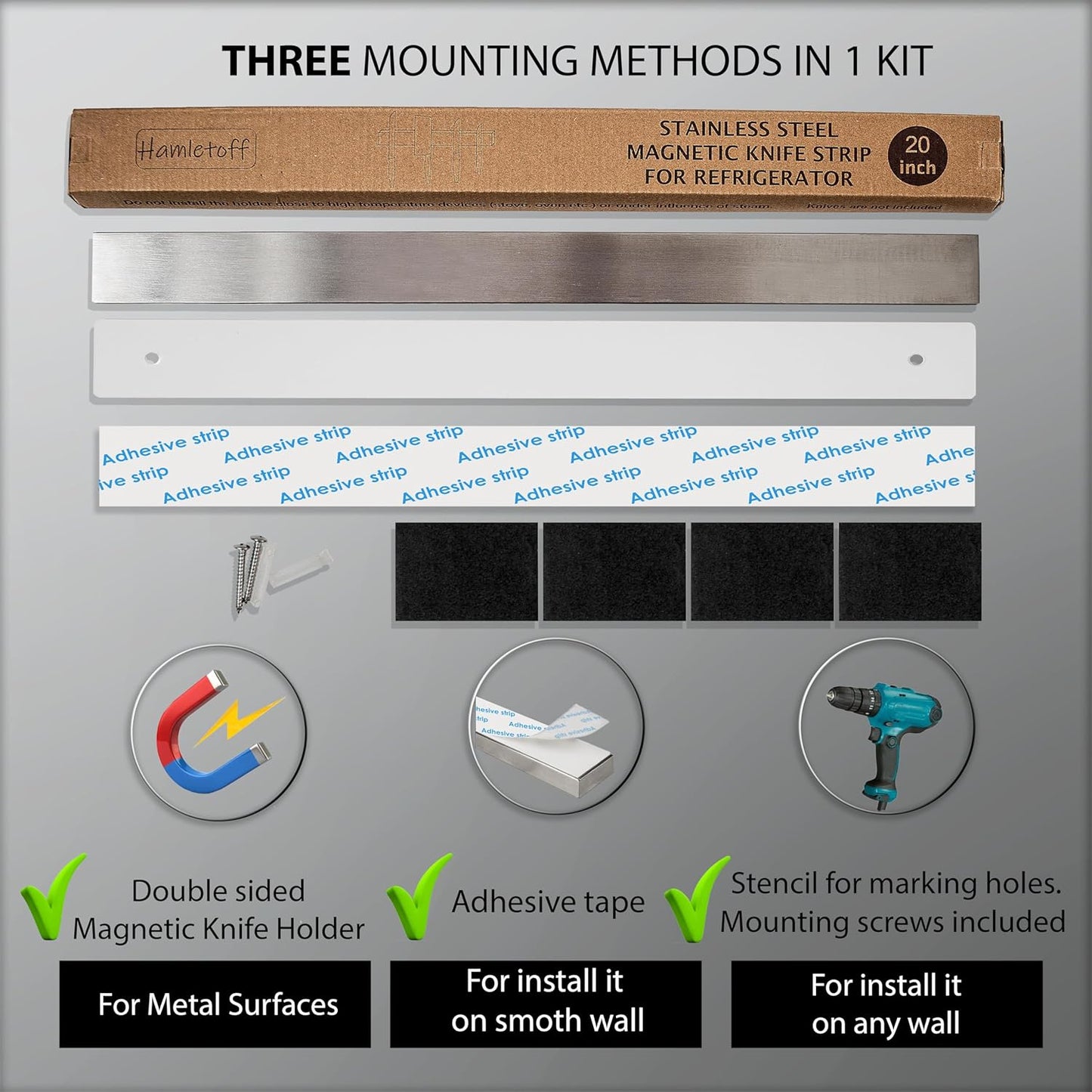 Premium Magnetic Knife Holder for Refrigerator – 20 Inch Professional Double Sided Magnetic Knife Strip for Fridge - Stainless Steel Magnetic Knife Holder for Wall Self Adhesive