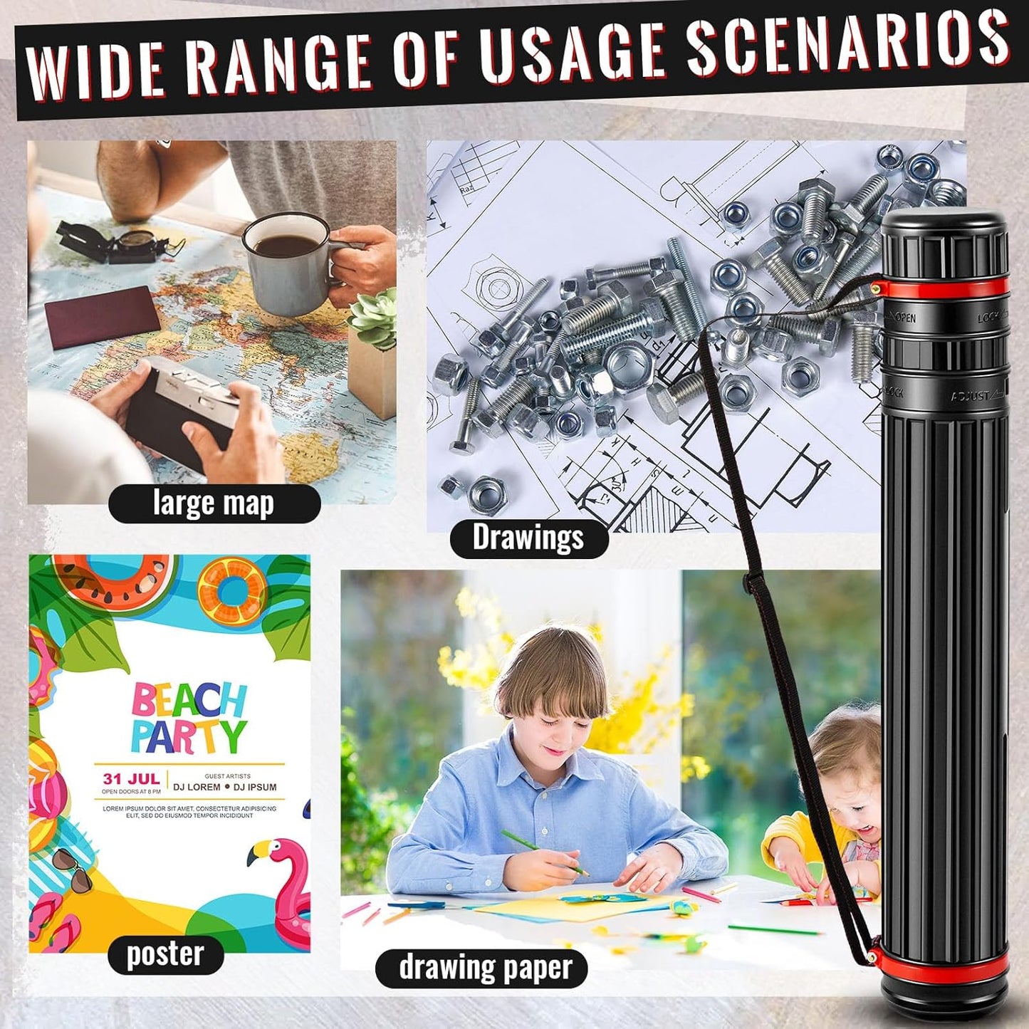 4 Pcs Large Extendable Poster Tubes from 30'' to 49' with Strap Poster Carrying Case Telescoping Tube Portable Blueprint for Posters, Blueprints, Artwork, Map Storage(Classic Standard Style)