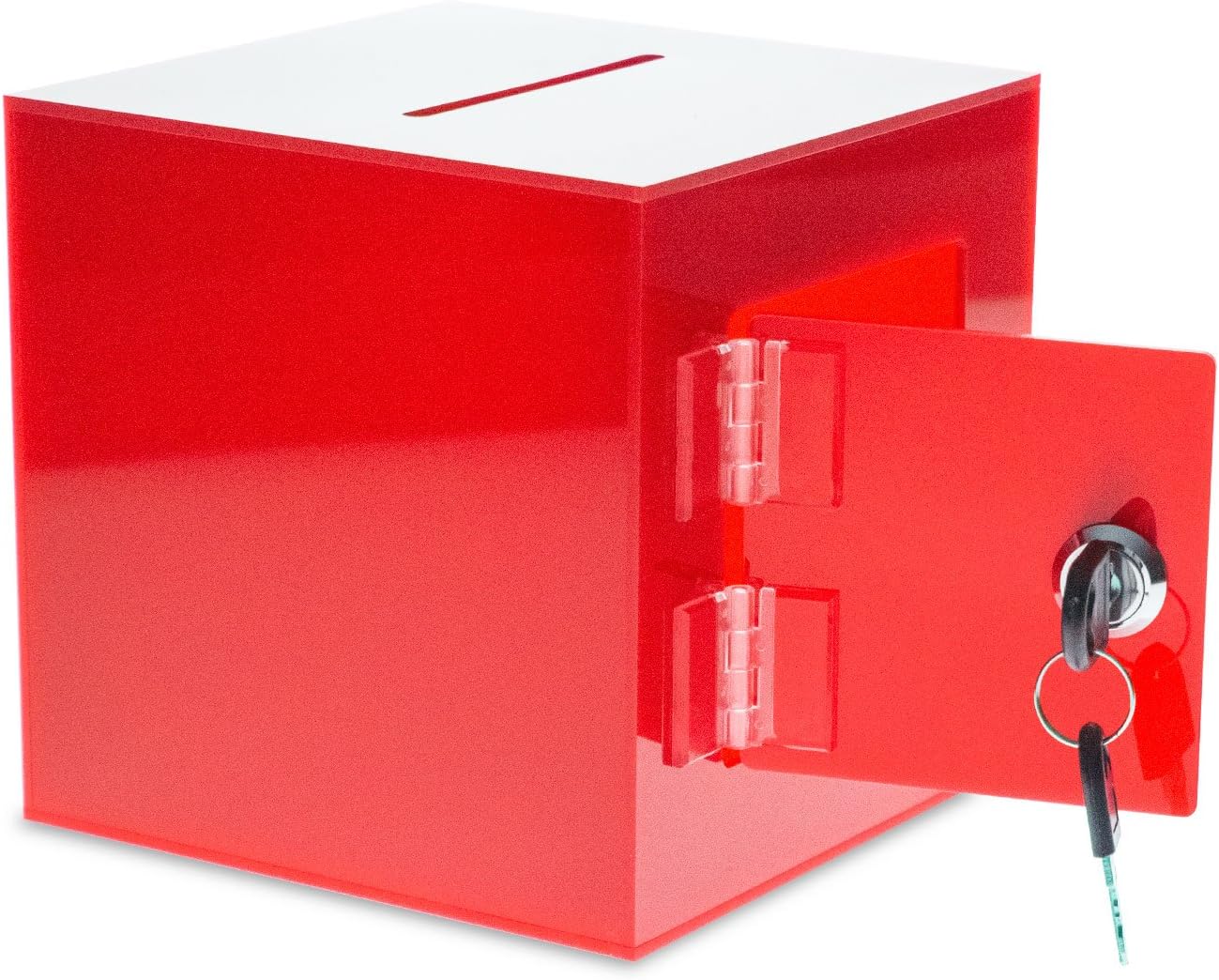 Source One Premium Acrylic Cube Donation Box with Deluxe Rear Open Door and Cam Lock Suggestion Box (10 Inch, Red)