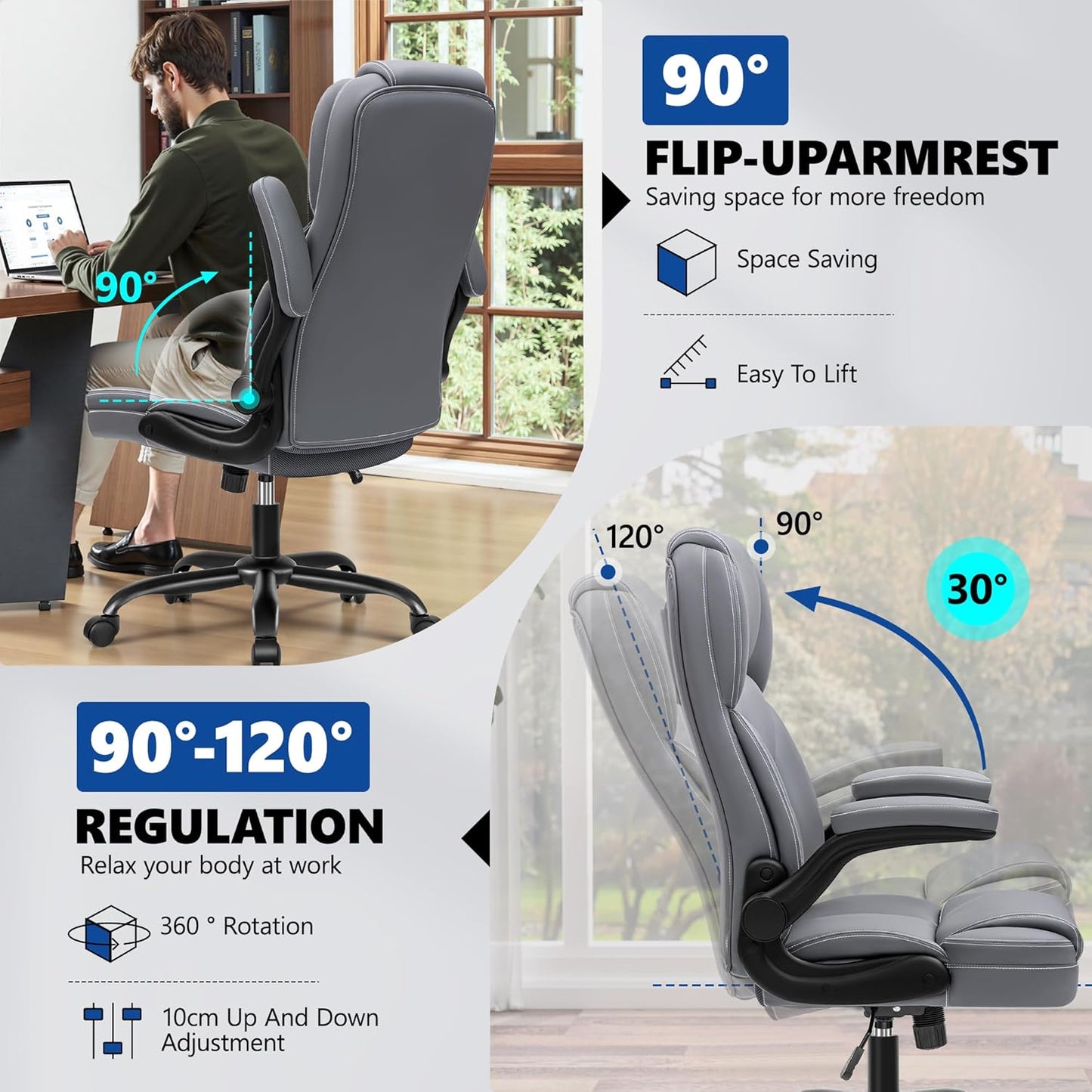 PU Leather Executive Office Chair, Ergonomic High-Back Computer & Gaming Chair with Adjustable Height, Rolling Swivel & Flip-Up Armrests, Comfy Padded Seat for Home Office-Gray