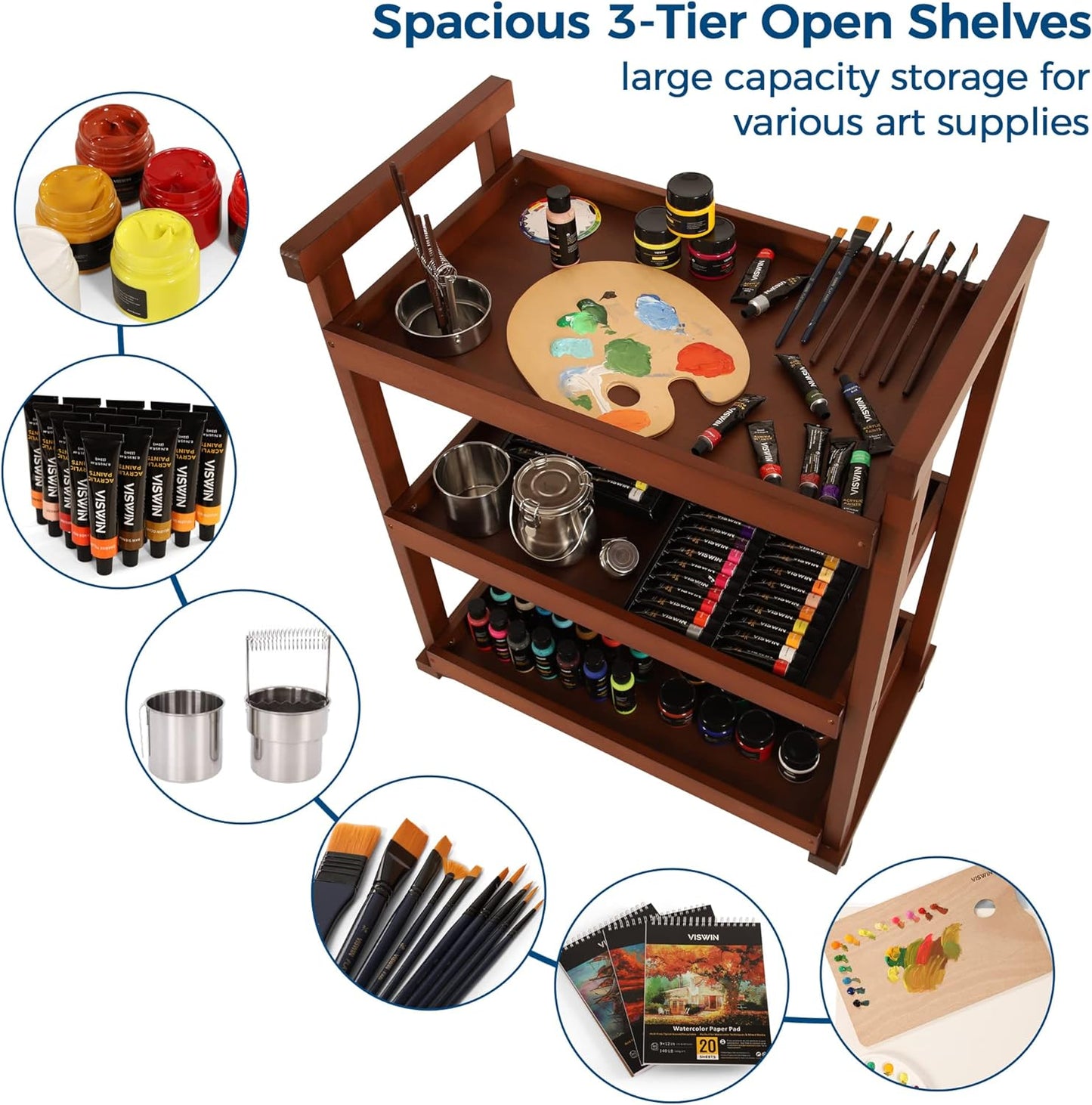 VISWIN Art Cart Organizer, Solid Beechwood Art Supply Storage Organizer with Caster Wheels, 3-Tier Multifunctional Rolling Utility Storage Cart for Studio, Classroom, Artists - Walnut