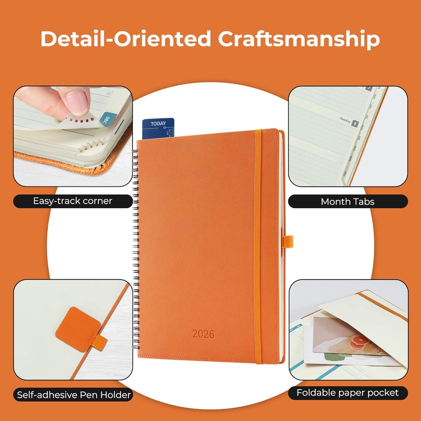 Planner 2026 Daily Weekly and Monthly,11.5"x8.5",12 Months Spiral Bound Calendar Agenda with Self-adhesive Pen Holder,2026 Appointment Book with Vegan Leather Soft Cover,Orange