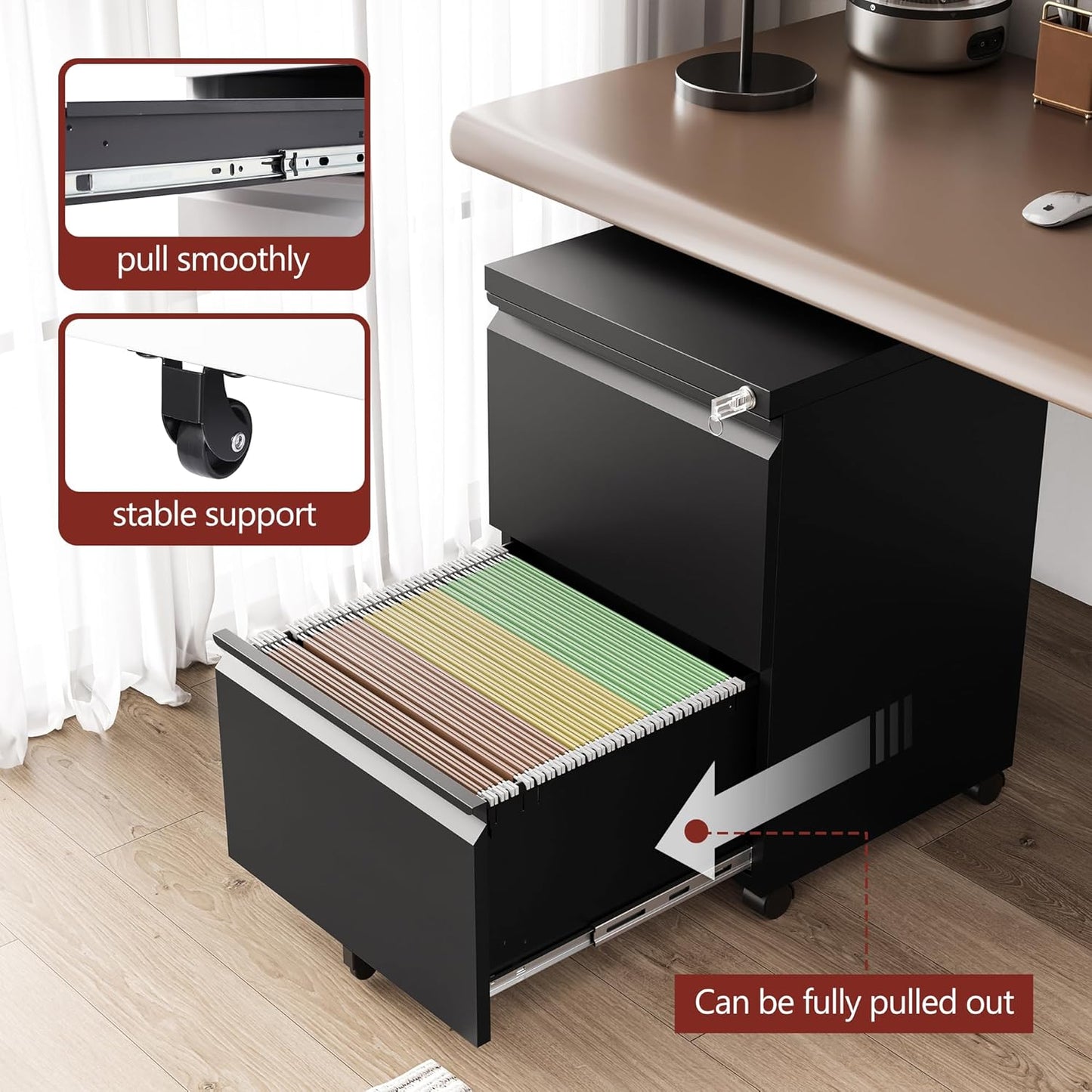 2 Drawer File Cabinet,Mobile Filing Cabinet with Lock and Wheels,Un-Assembled Metal Under Desk File Cabinets for A4/Letter/Legal Size(Black