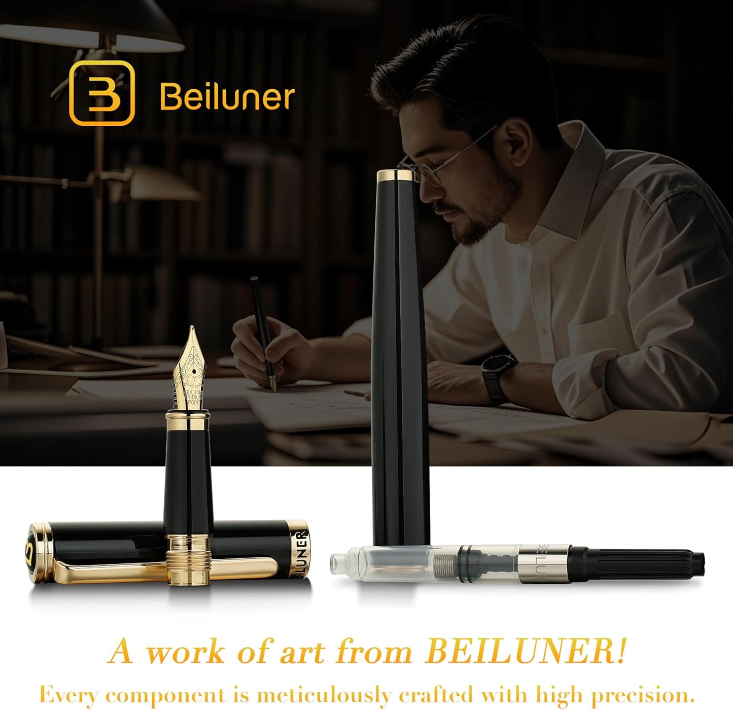 BEILUNER Black Fountain Pen,Stunning Luxury Piano Lacquer,24K Gilded Nib(Fine),Gorgeous 24K Gold Finish, Ink Converter,Trustworthy Gift for Men&Women-Elegant, Reliable,Executive,Nice Pens for Writing