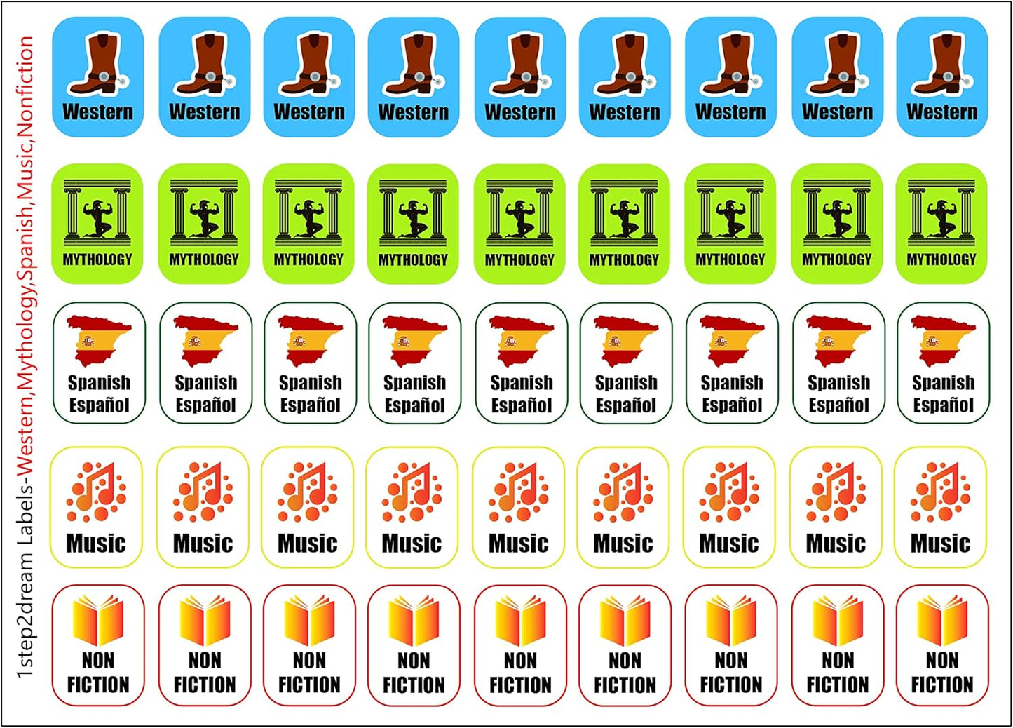 Genre Book Spine Labels for Library | Classroom Library Classification Stickers 450pcs | Nonfiction,Western,Mythology,Spanish,Music